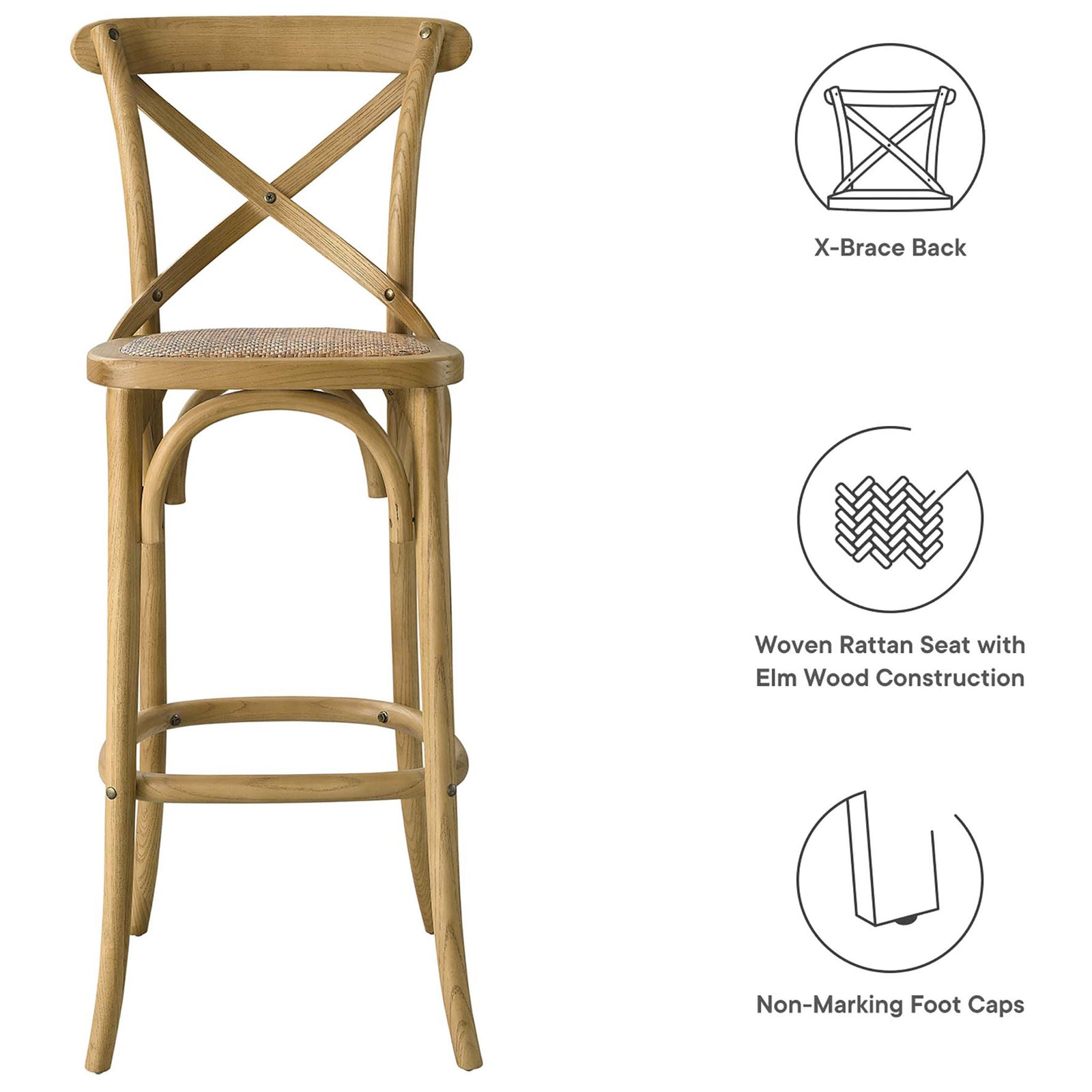 Durable elm bar stool with supportive X-back, woven seat, and non-marking foot caps. || EEI-5668-NAT || callout_studio
