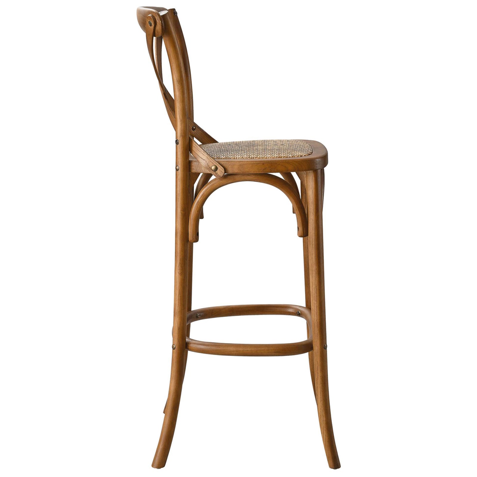 Graceful splayed legs and oval footrest complete this bar-height silhouette || EEI-5668-WAL || side_studio