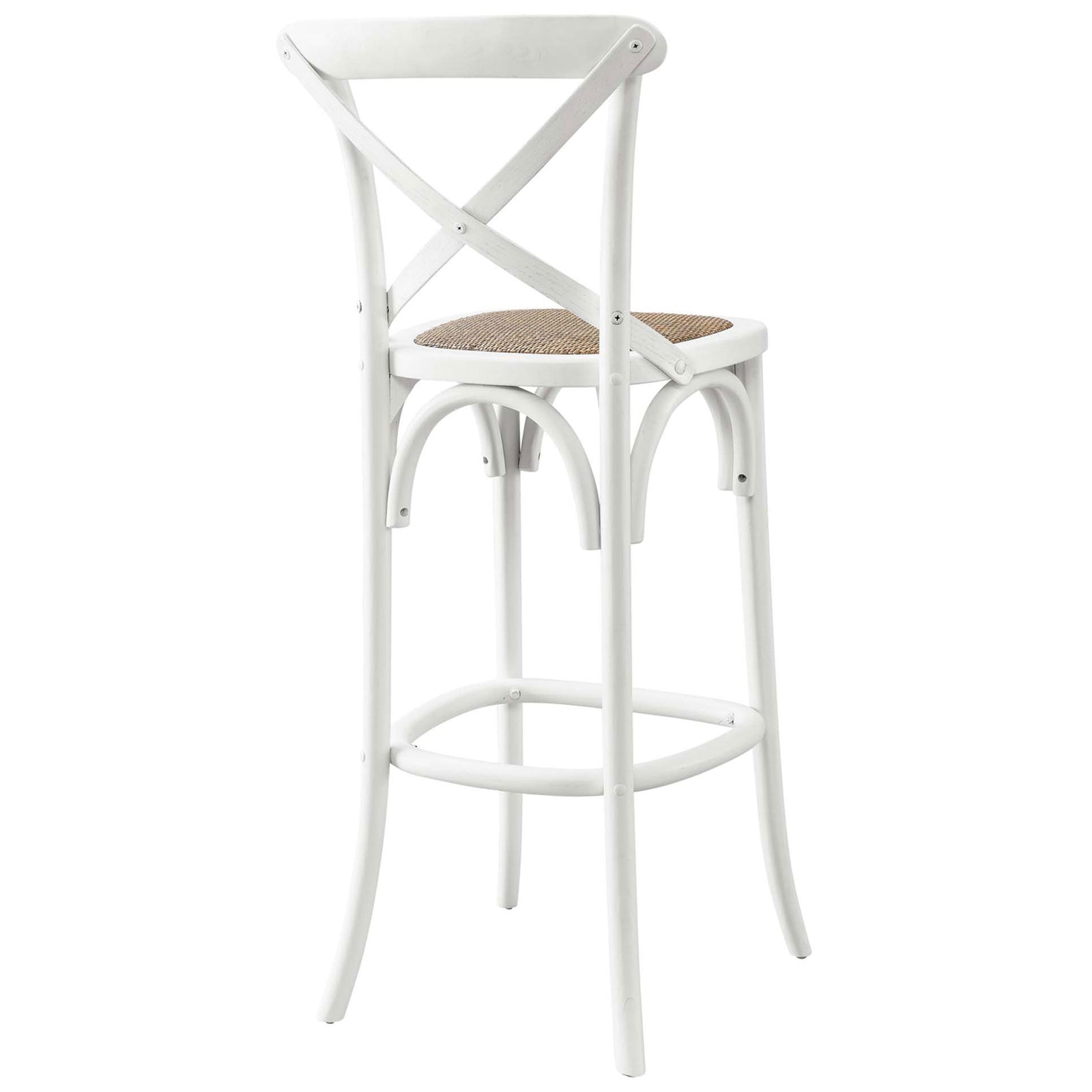 Bar stool highlights the iconic X-back and splayed legs in a crisp white finish. || EEI-5668-WHI || back_angle_studio