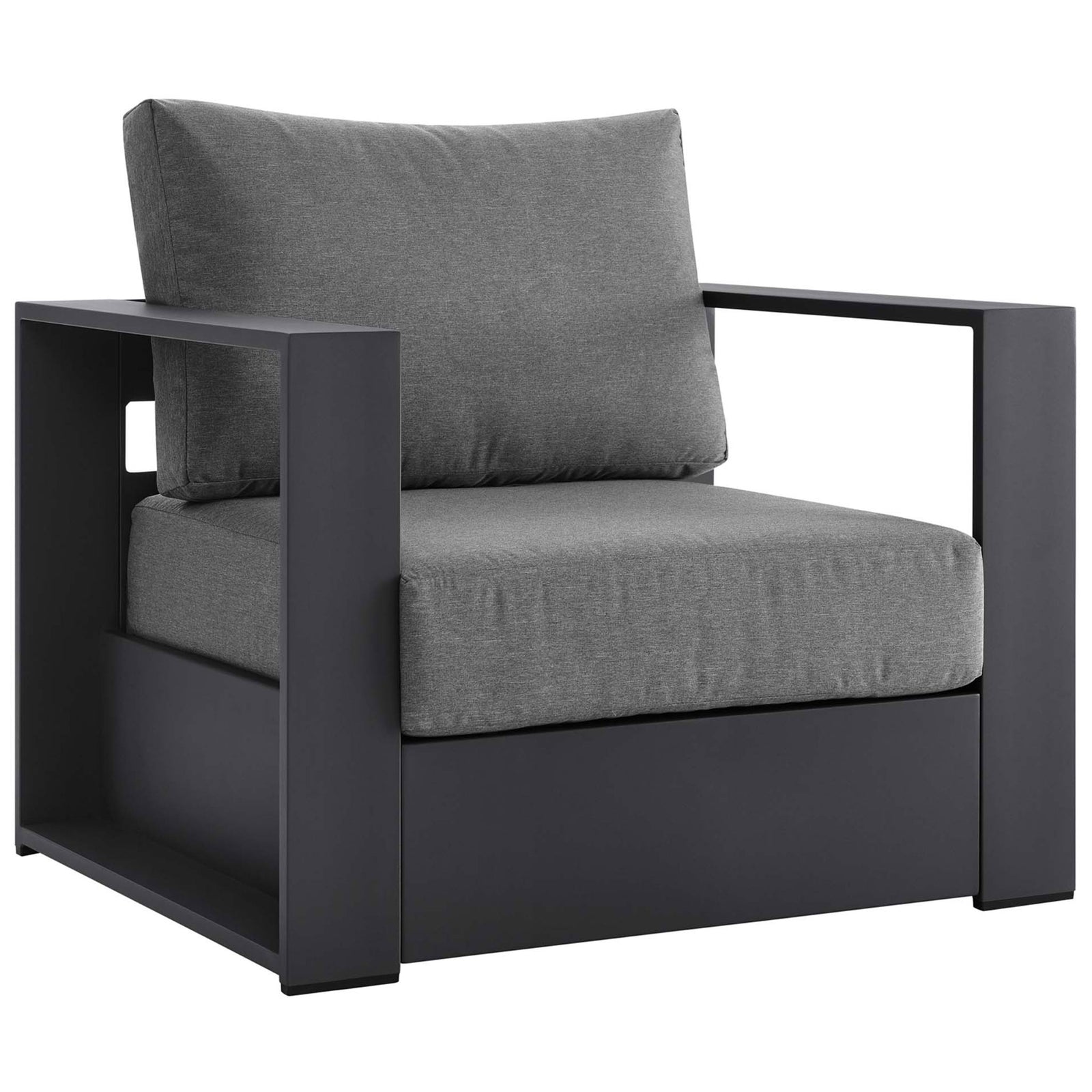 Modern Tahoe outdoor armchair pairing a sleek charcoal powder-coated frame with plush gray cushions || EEI-5675-GRY-CHA || front_angle_studio