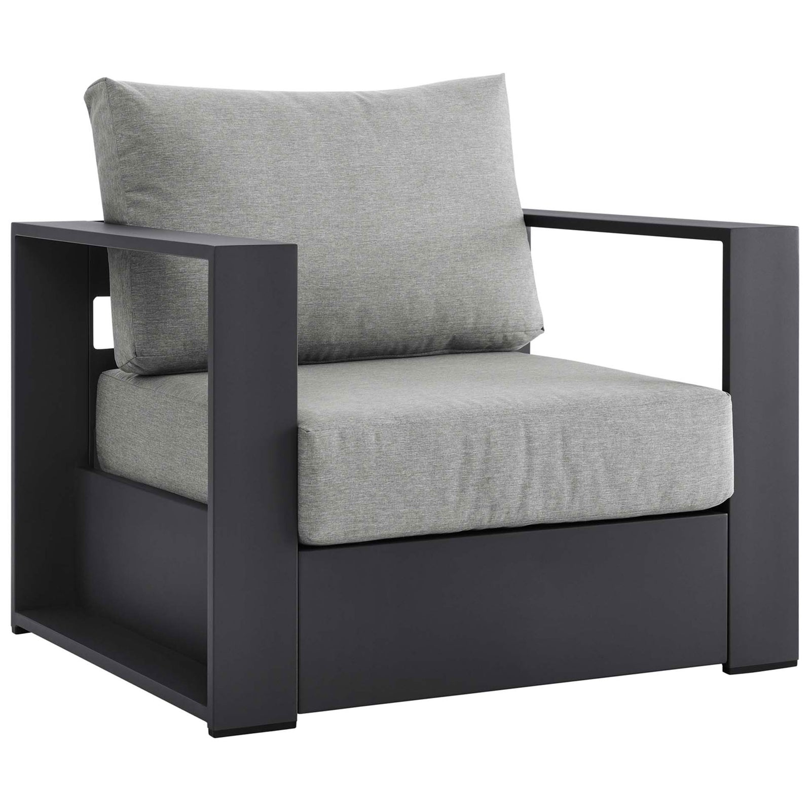 Modern Tahoe outdoor armchair pairing a sleek charcoal frame with plush light gray cushions || EEI-5675-GRY-GRY || front_angle_studio