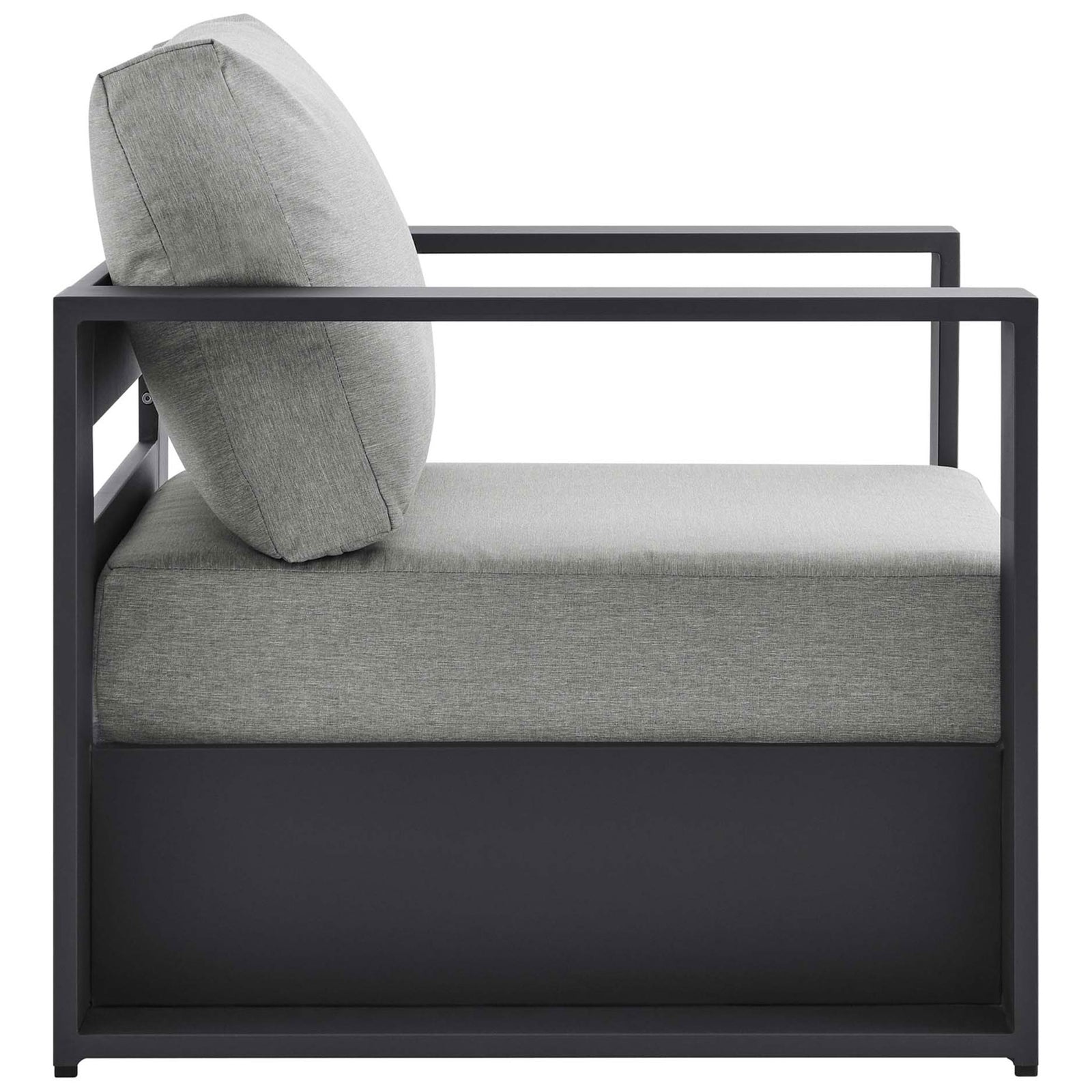 Tahoe outdoor armchair highlighting deep lounge seat and open side rails in a charcoal metal frame || EEI-5675-GRY-GRY || side_studio