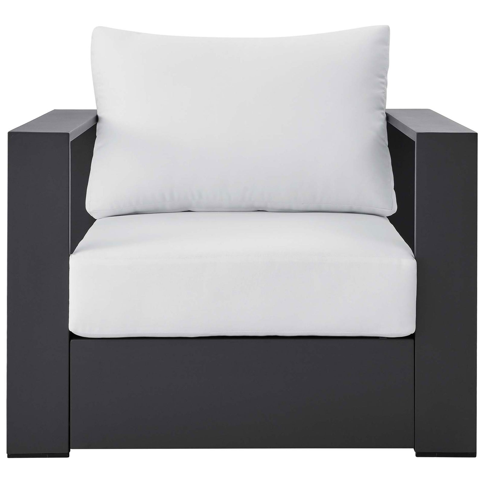 Tahoe aluminum patio armchair with charcoal frame and thick white seat and back cushions || EEI-5675-GRY-WHI || front_studio