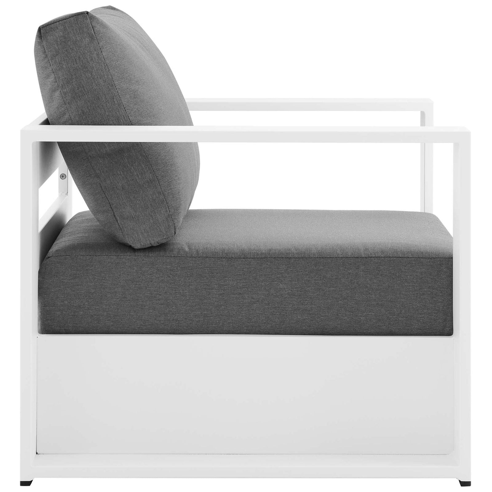 Tahoe outdoor armchair highlighting deep lounge seat and open side rails in a white metal frame || EEI-5675-WHI-CHA || side_studio