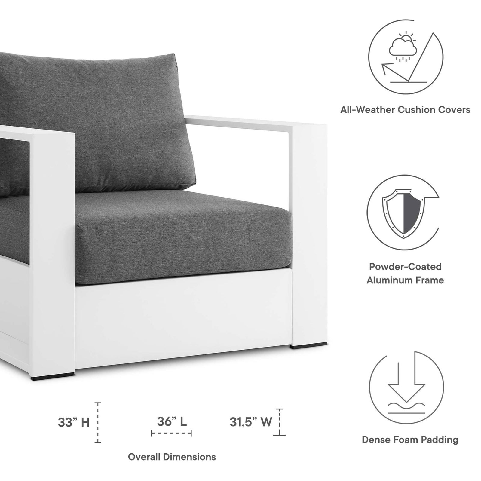 Dimension and feature graphic for the Tahoe white aluminum armchair showing size and cushion benefits || EEI-5675-WHI-CHA || dimension_studio
