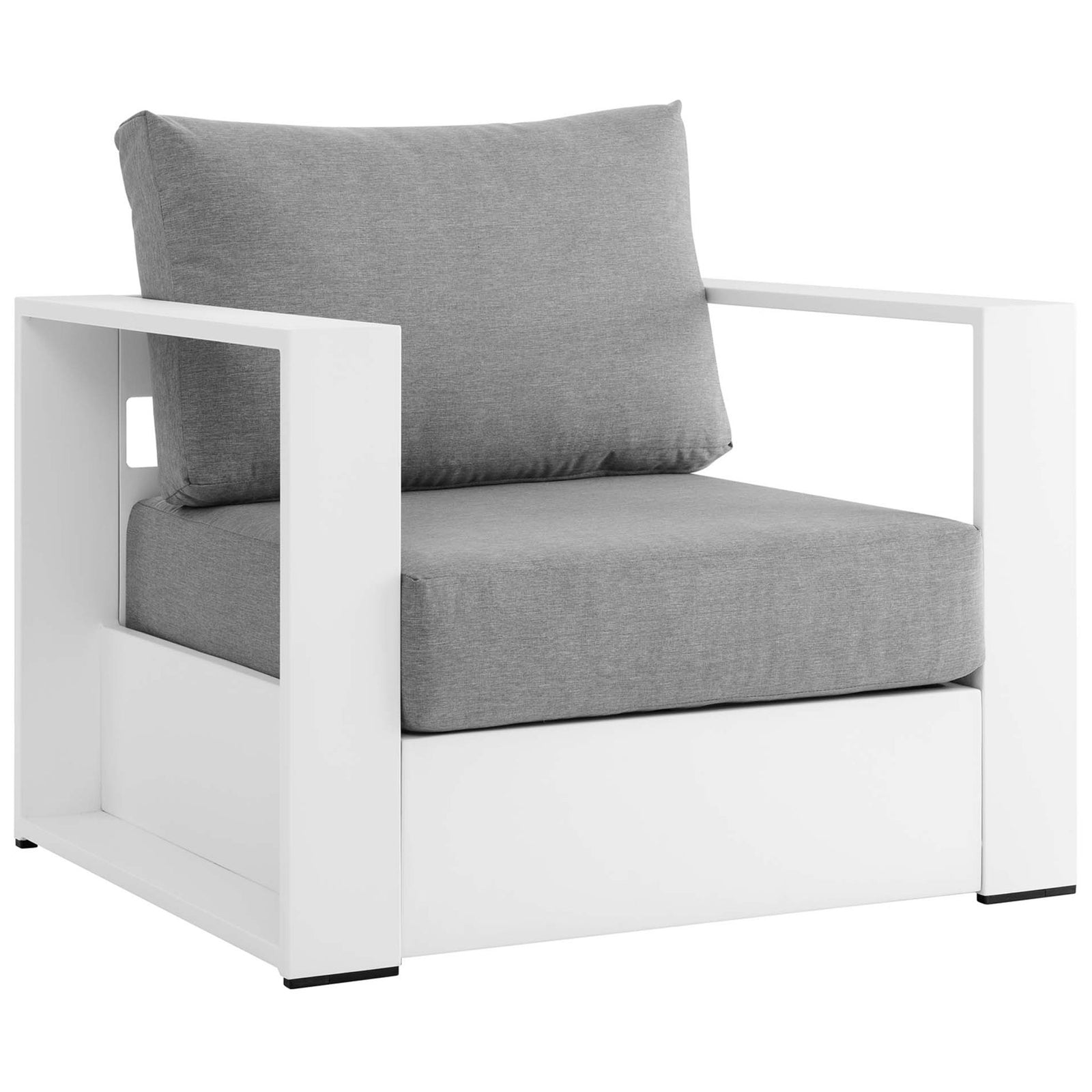 Modern Tahoe outdoor armchair pairing a clean white frame with plush light gray cushions || EEI-5675-WHI-GRY || front_angle_studio