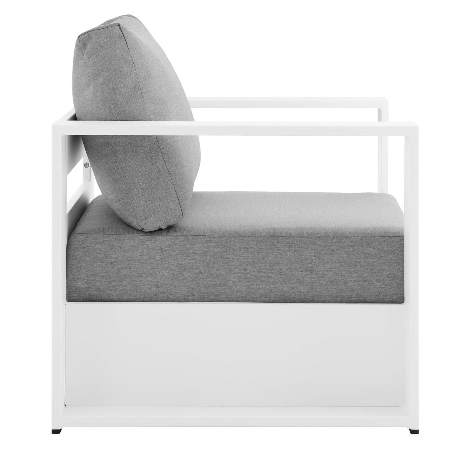 Tahoe outdoor armchair highlighting deep lounge seat and open side rails in a white metal frame || EEI-5675-WHI-GRY || side_studio