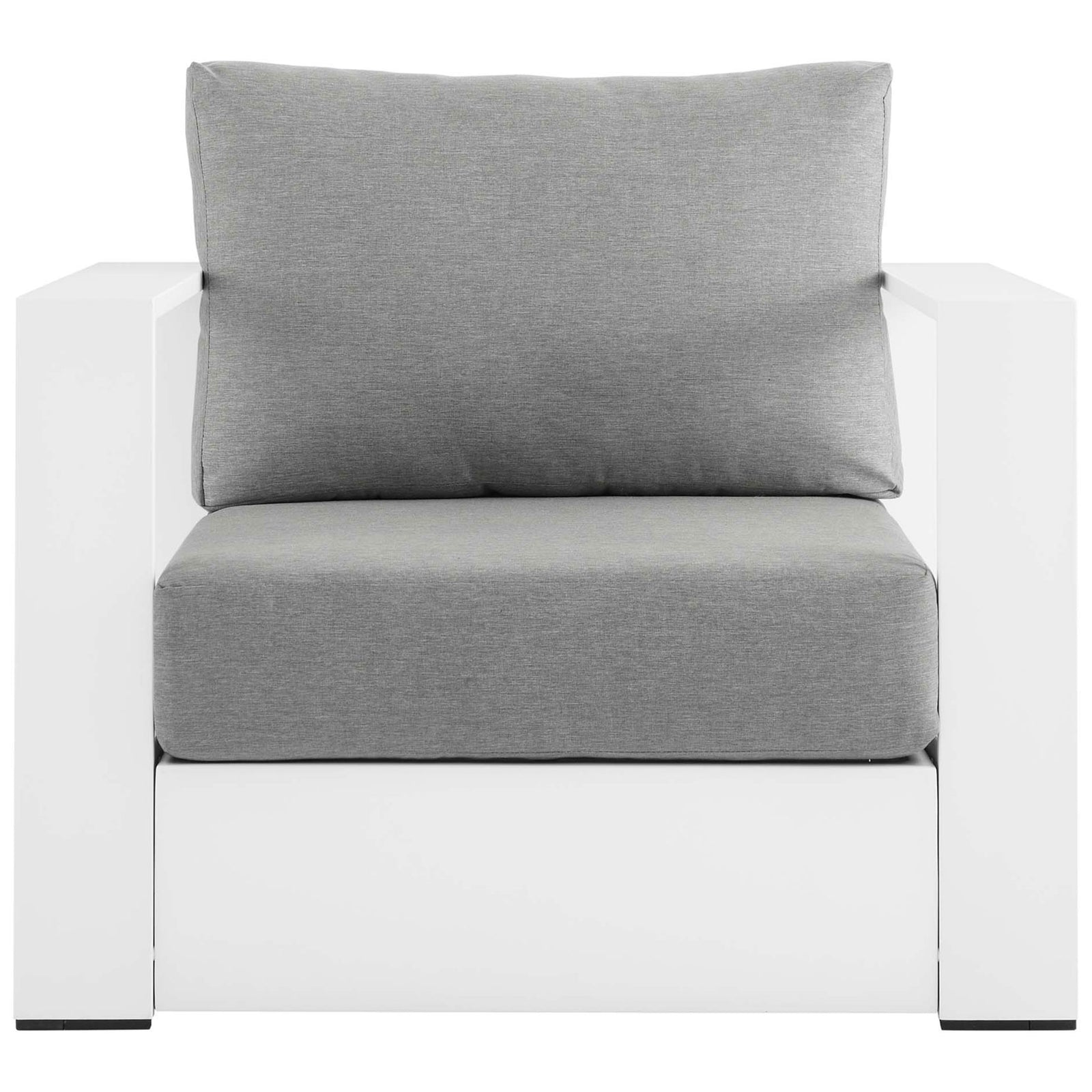 Tahoe aluminum patio armchair with crisp white frame and generously cushioned light gray seat and back || EEI-5675-WHI-GRY || front_studio