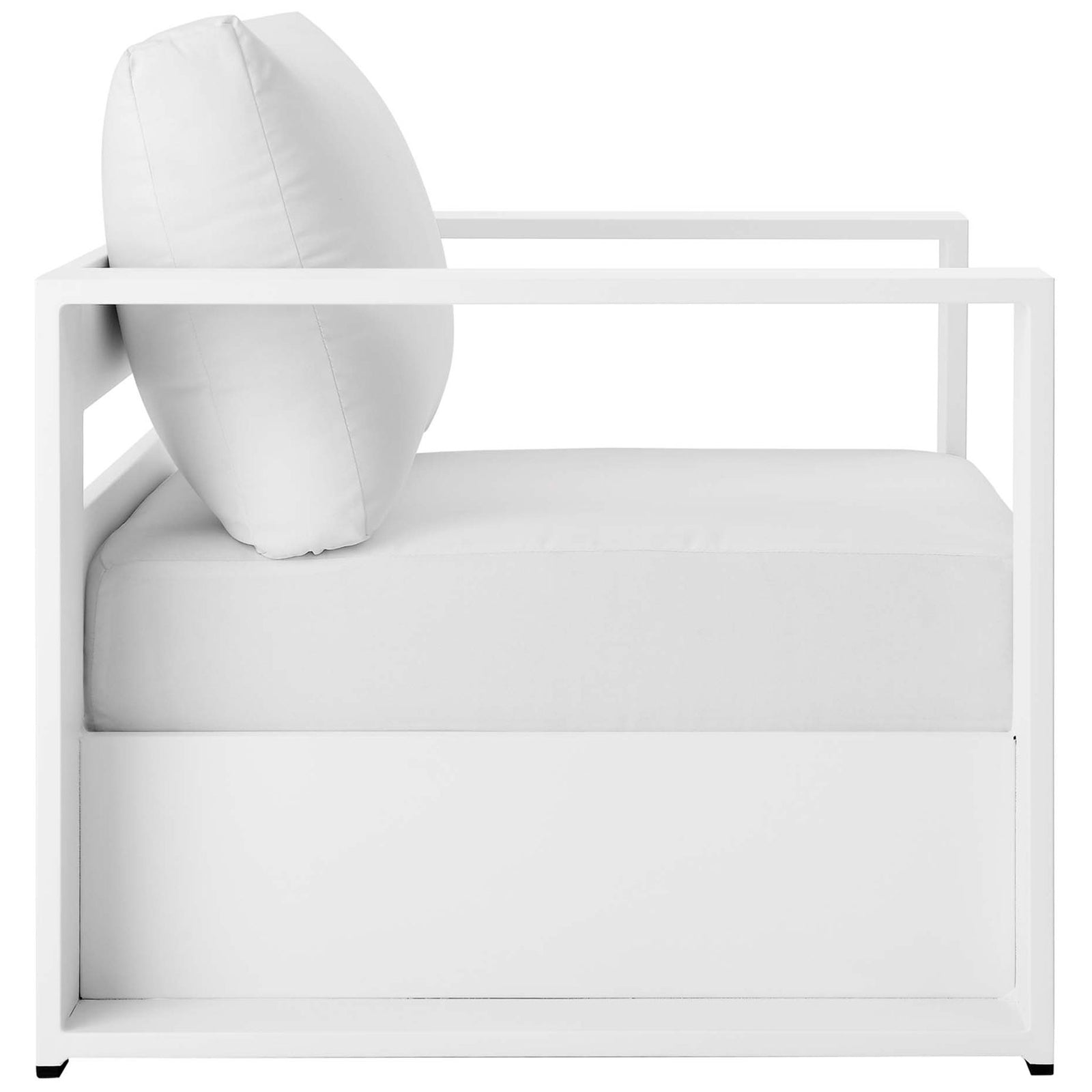 Tahoe outdoor armchair highlighting deep lounge seat and open side rails in a white metal frame || EEI-5675-WHI-WHI || side_studio