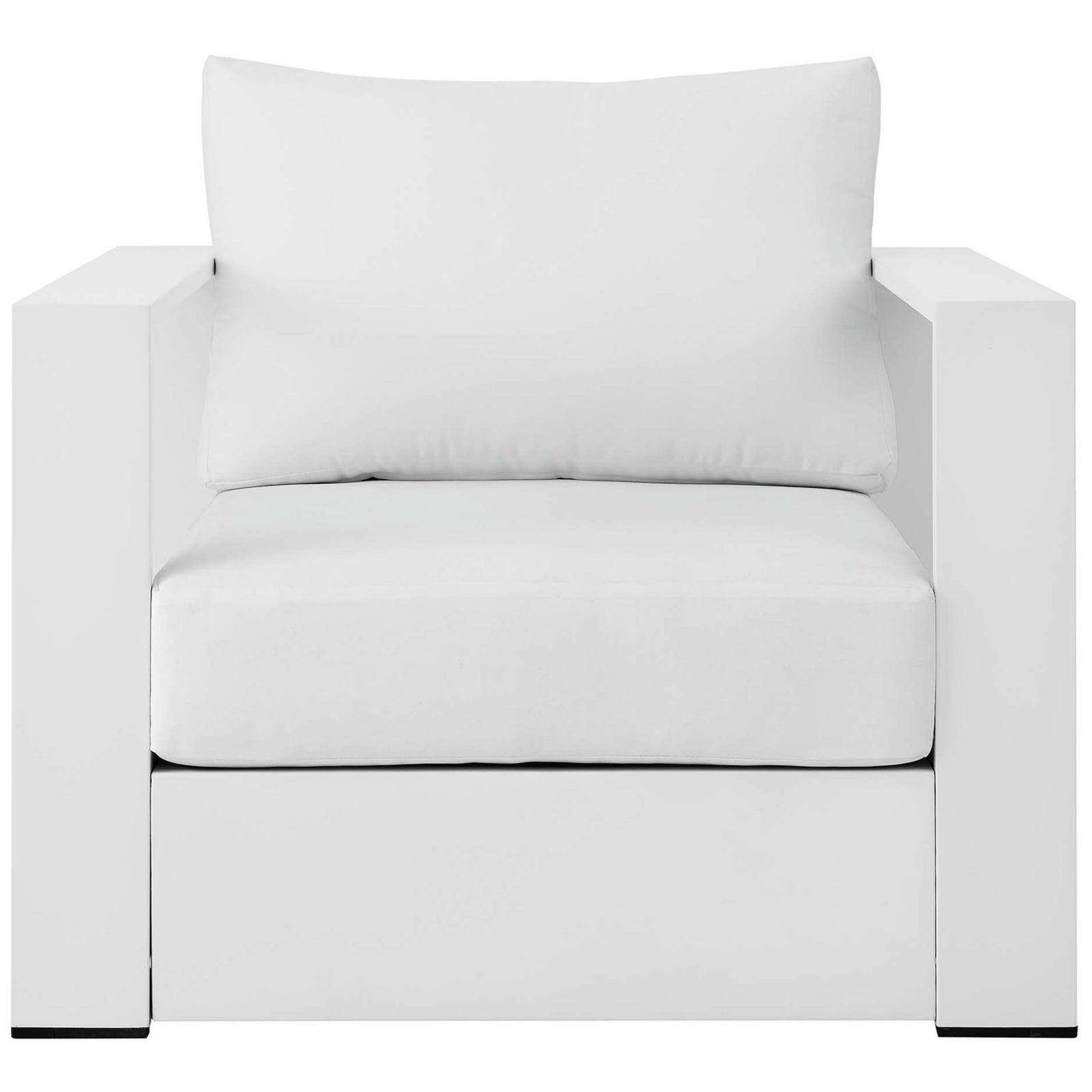 Tahoe aluminum patio armchair with minimalist white frame and thick all-white seat and back cushions || EEI-5675-WHI-WHI || front_studio