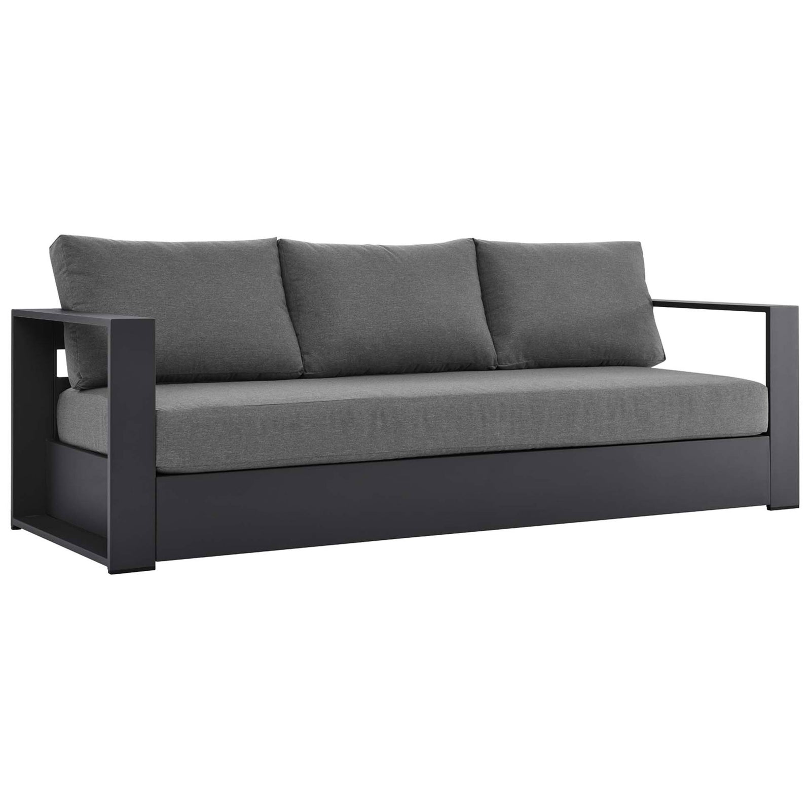 Three-seat Tahoe sofa featuring a powder-coated charcoal frame and plush dark gray cushions. || EEI-5676-GRY-CHA || front_angle_studio