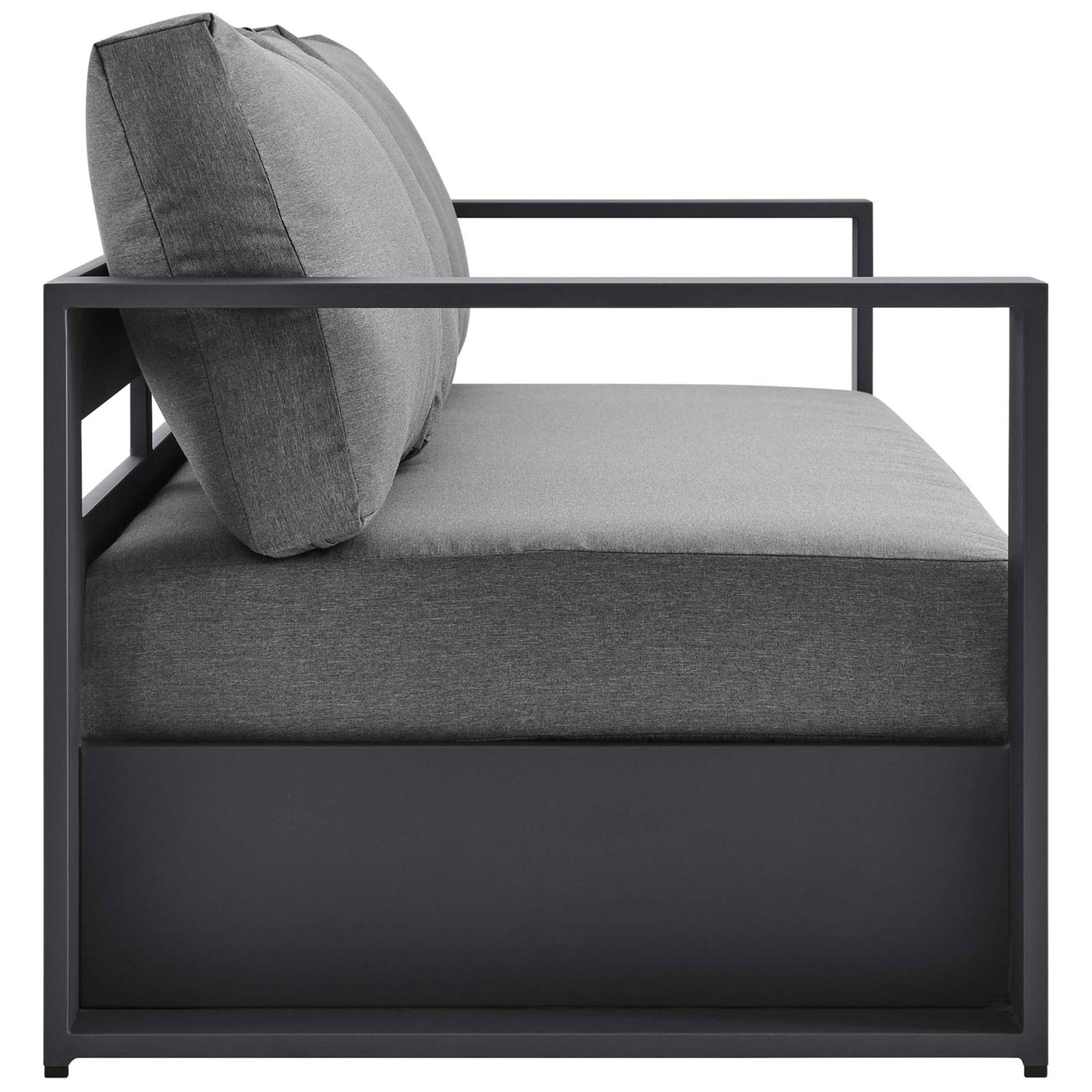 Slim profile of the Tahoe sofa showing deep seat cushions and streamlined charcoal arms. || EEI-5676-GRY-CHA || side_studio