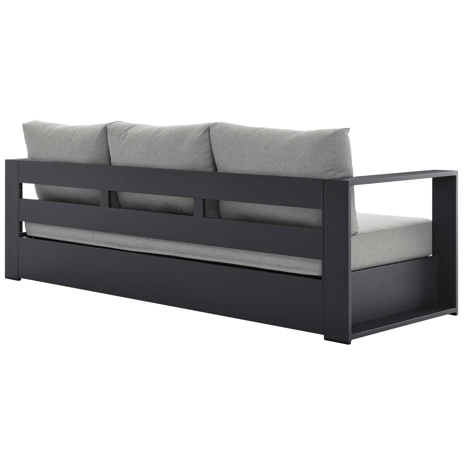 Charcoal aluminum back frame with open slats supporting the Tahoe sofa's light gray cushions. || EEI-5676-GRY-GRY || back_angle_studio