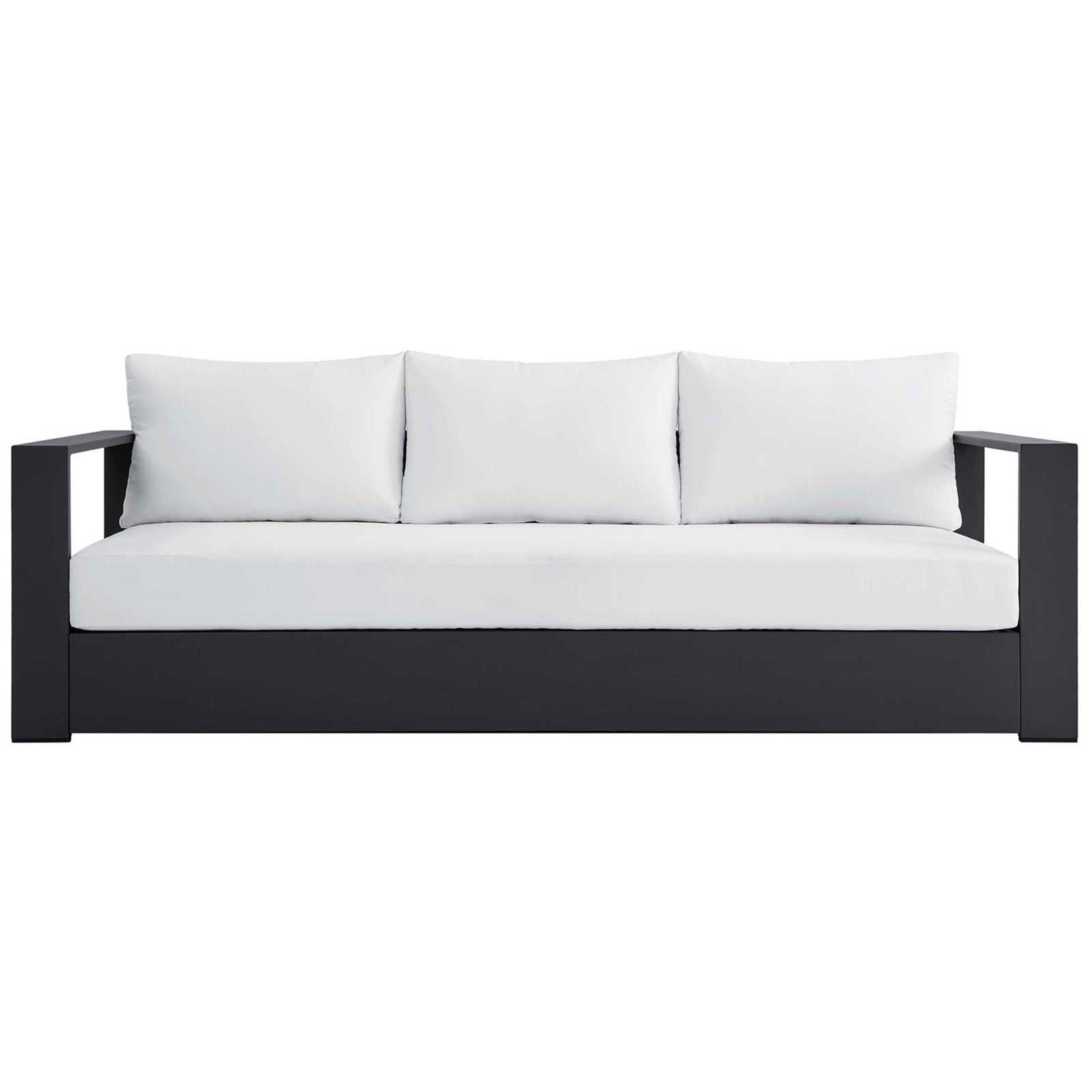 Tahoe aluminum outdoor sofa with charcoal frame and crisp white cushions for striking contrast. || EEI-5676-GRY-WHI || front_studio