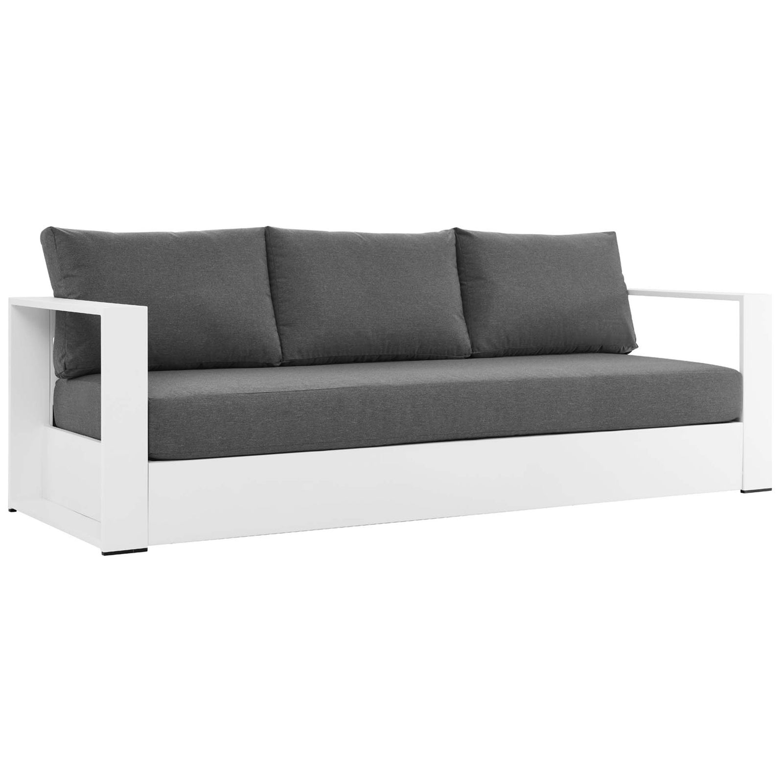 Three-seat Tahoe sofa showcasing a white powder-coated frame and plush charcoal cushions. || EEI-5676-WHI-CHA || front_angle_studio