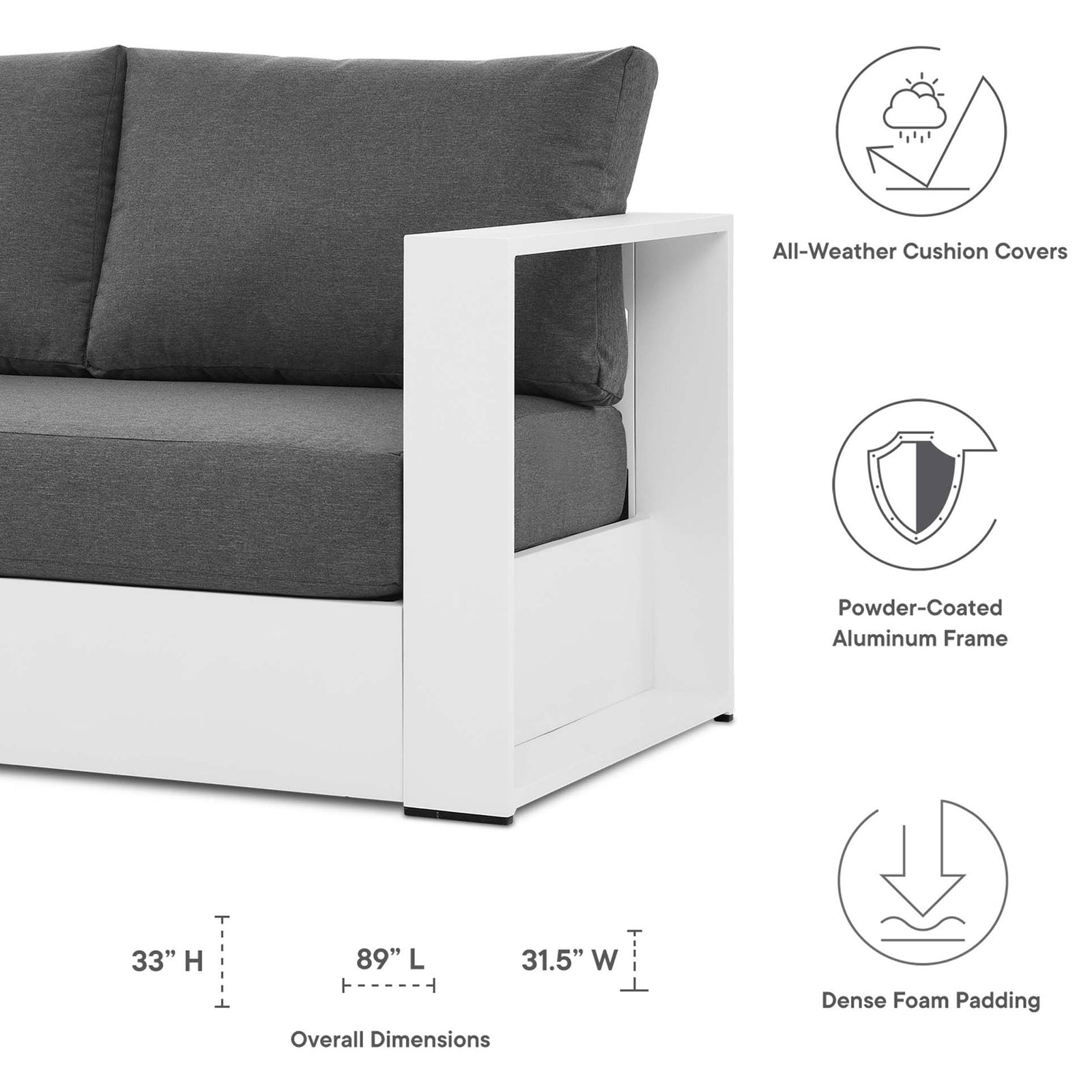 Dimension overview of the Tahoe white aluminum sofa with clearly labeled measurements. || EEI-5676-WHI-CHA || dimension_studio