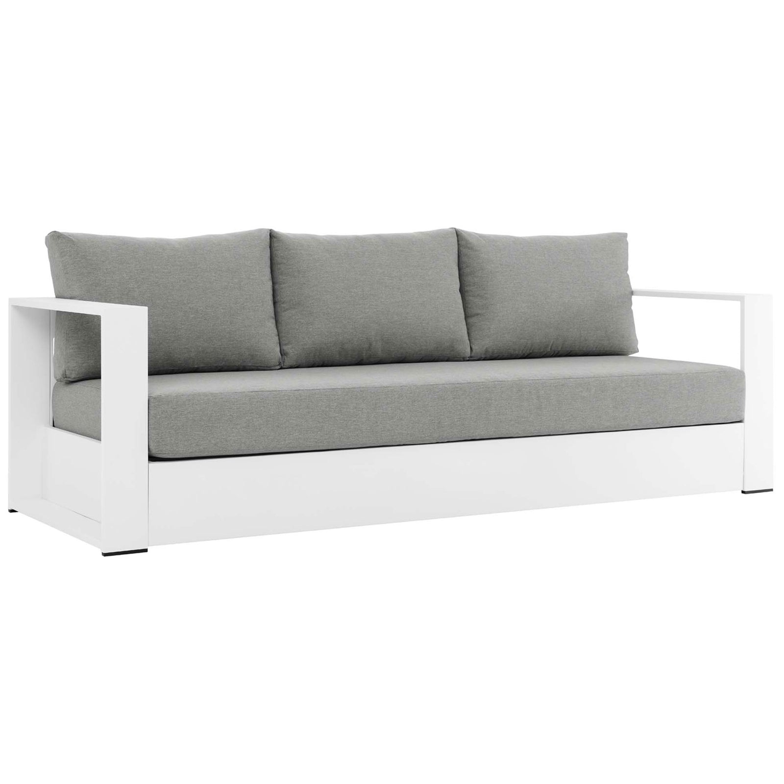 Three-seat Tahoe sofa featuring a white powder-coated base and soft light gray cushions. || EEI-5676-WHI-GRY || front_angle_studio