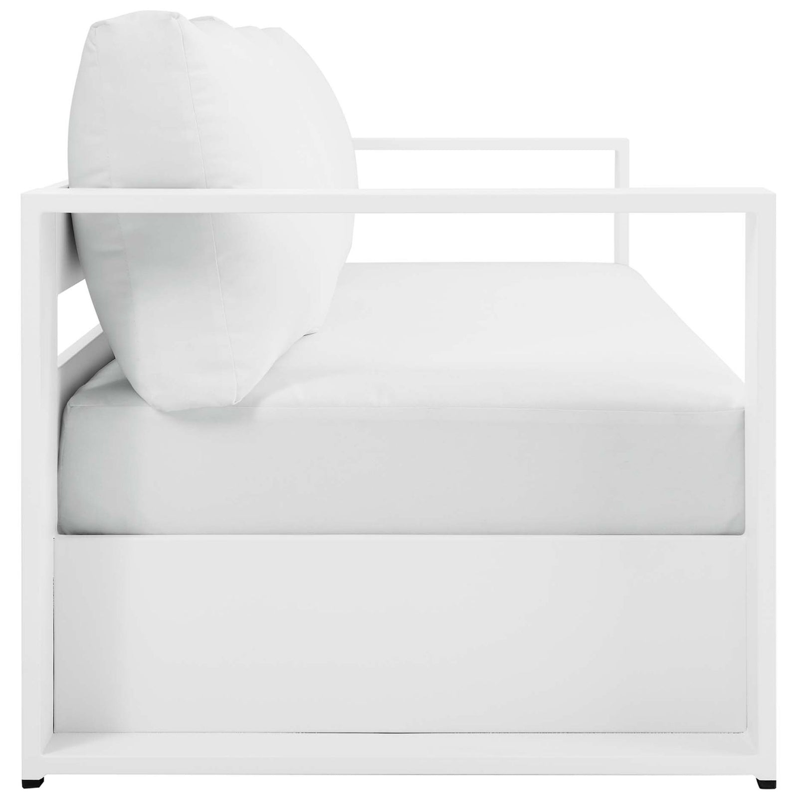 Side profile of the Tahoe sofa showing deep white cushions and wide angular arms. || EEI-5676-WHI-WHI || side_studio