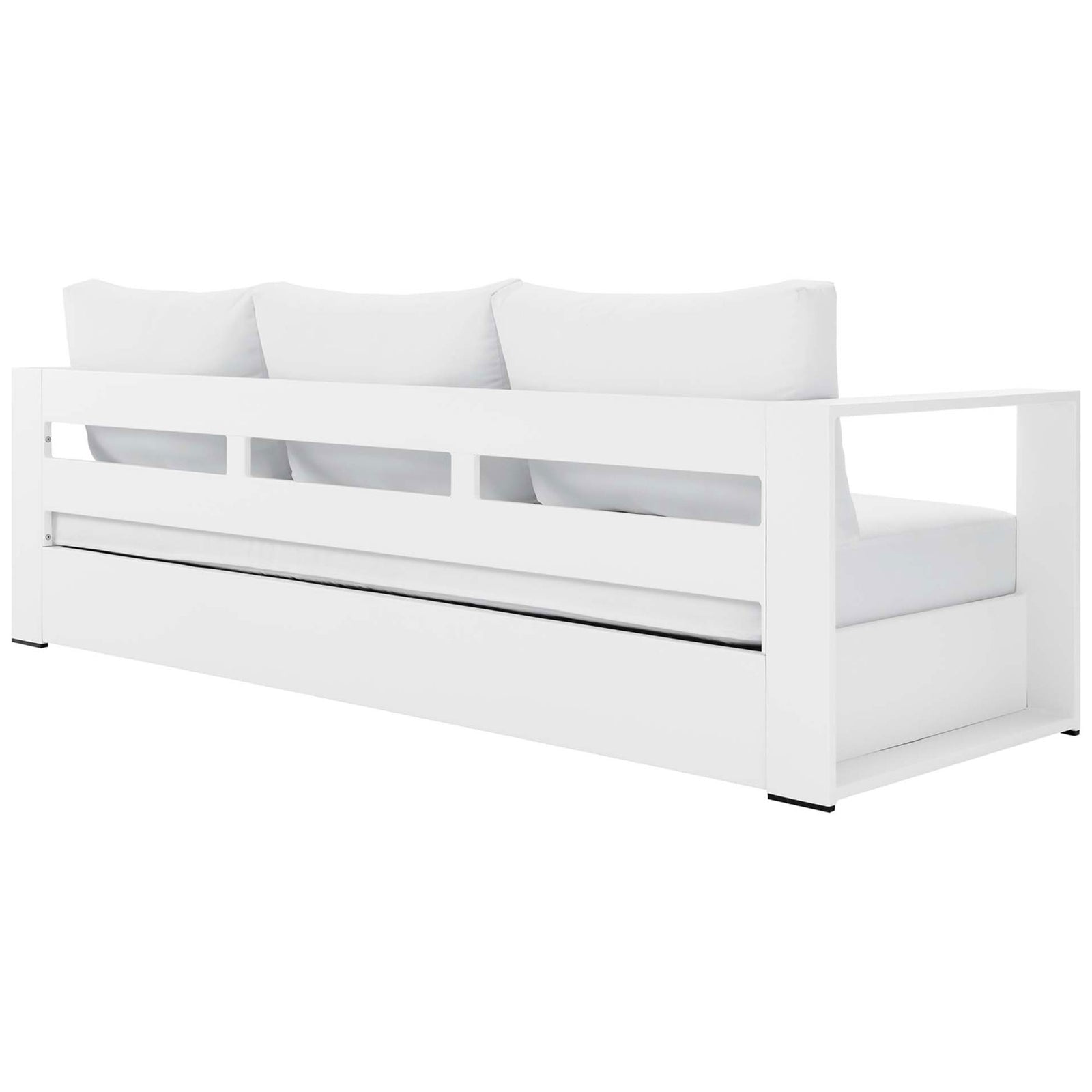 White aluminum back frame with open slats supporting the Tahoe sofa's all-white cushions. || EEI-5676-WHI-WHI || back_angle_studio