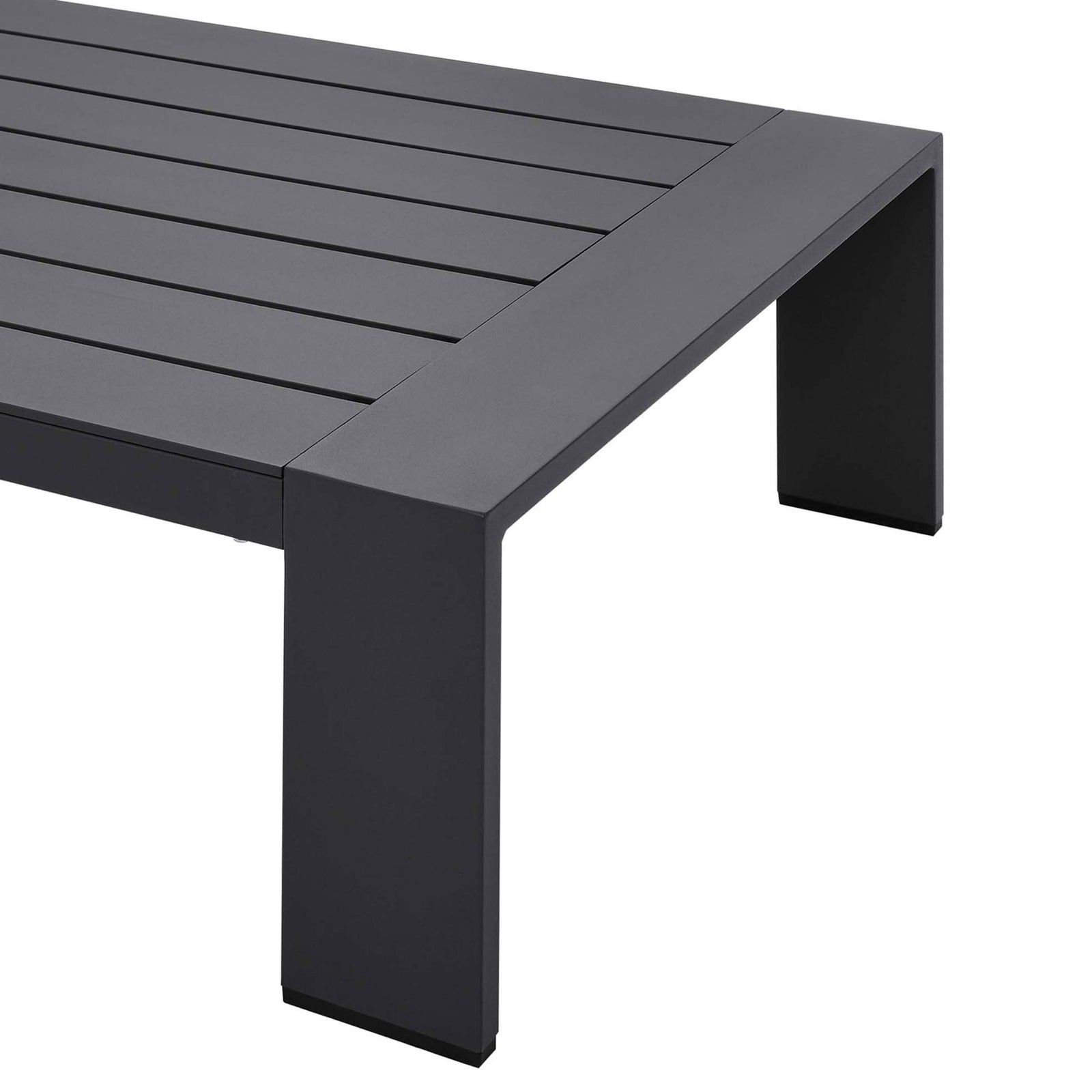 Corner detail of the gray aluminum coffee table showing sleek modern lines and finish || EEI-5677-GRY || leg_studio