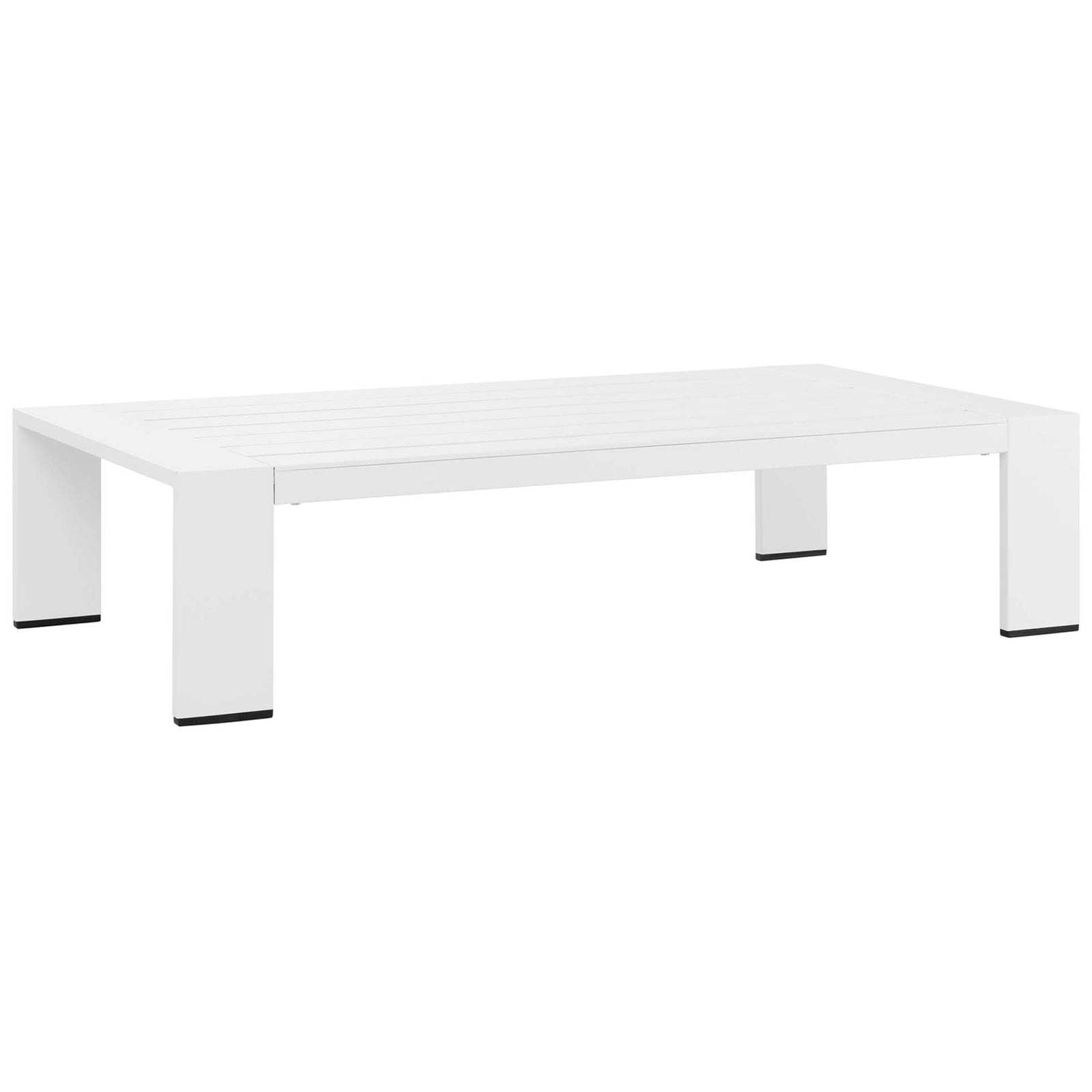 White powder-coated aluminum outdoor coffee table with slatted top and block legs || EEI-5677-WHI || front_angle_studio