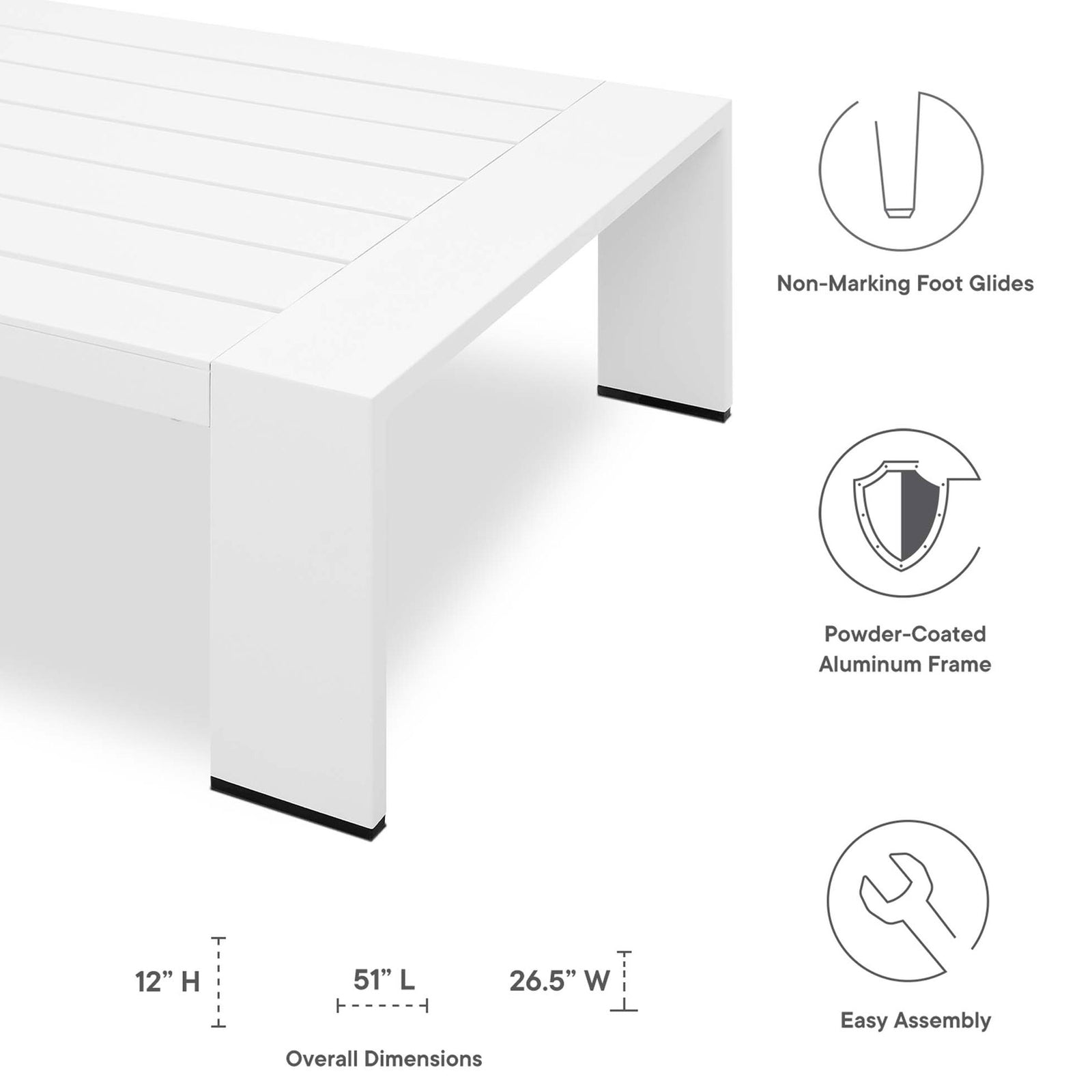 Feature callout image for Tahoe white aluminum table with dimensions and key benefits || EEI-5677-WHI || callout_studio