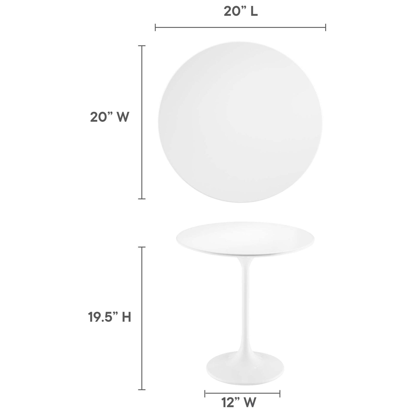 Size guide showing the Lippa round side table's 20 inch top, 19.5 inch height, and 12 inch base width || EEI-5678-WHI-WHI || dimension_studio