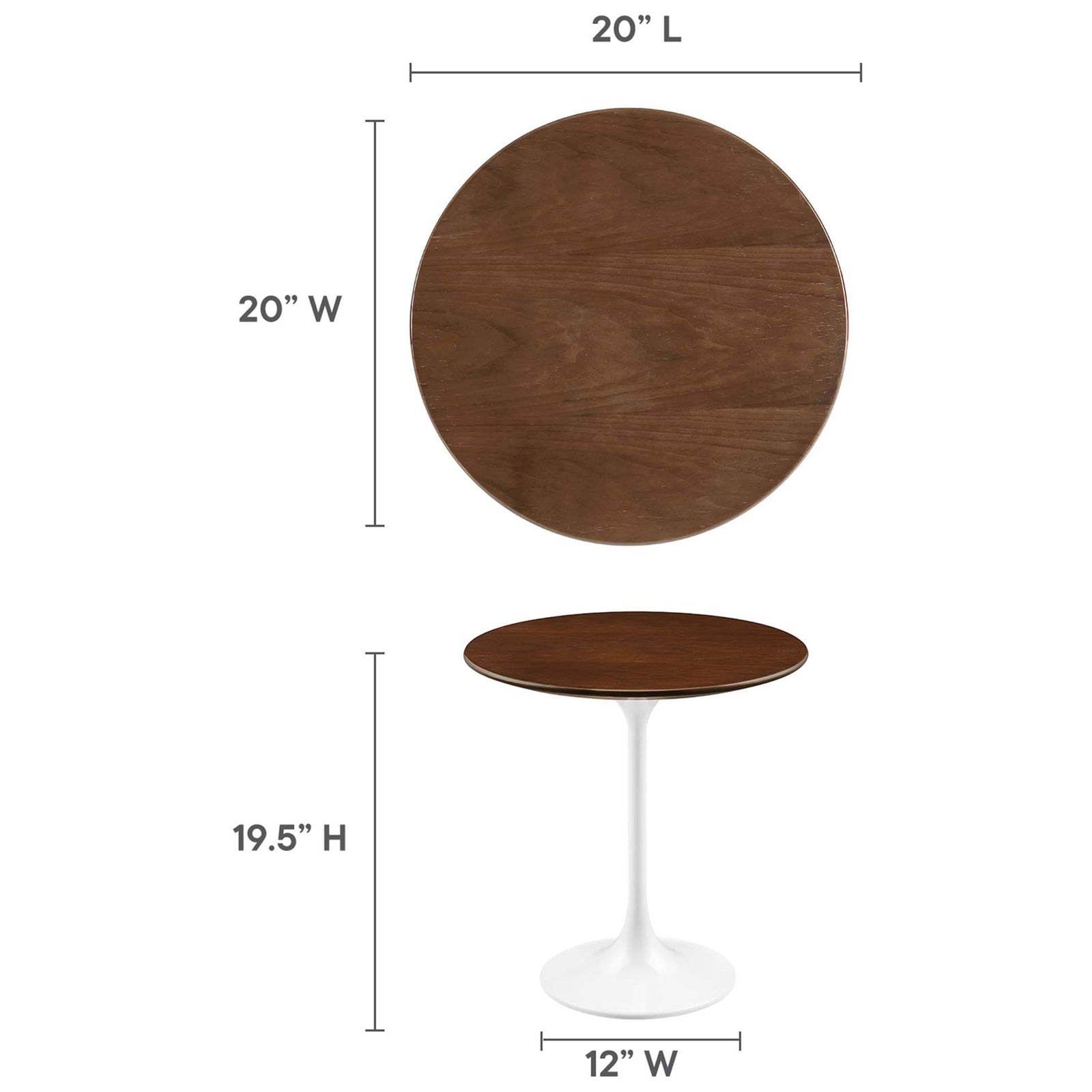 Sizing graphic showing compact round pedestal side table with 20 inch top and 19.5 inch height || EEI-5679-WHI-WAL || dimension_studio