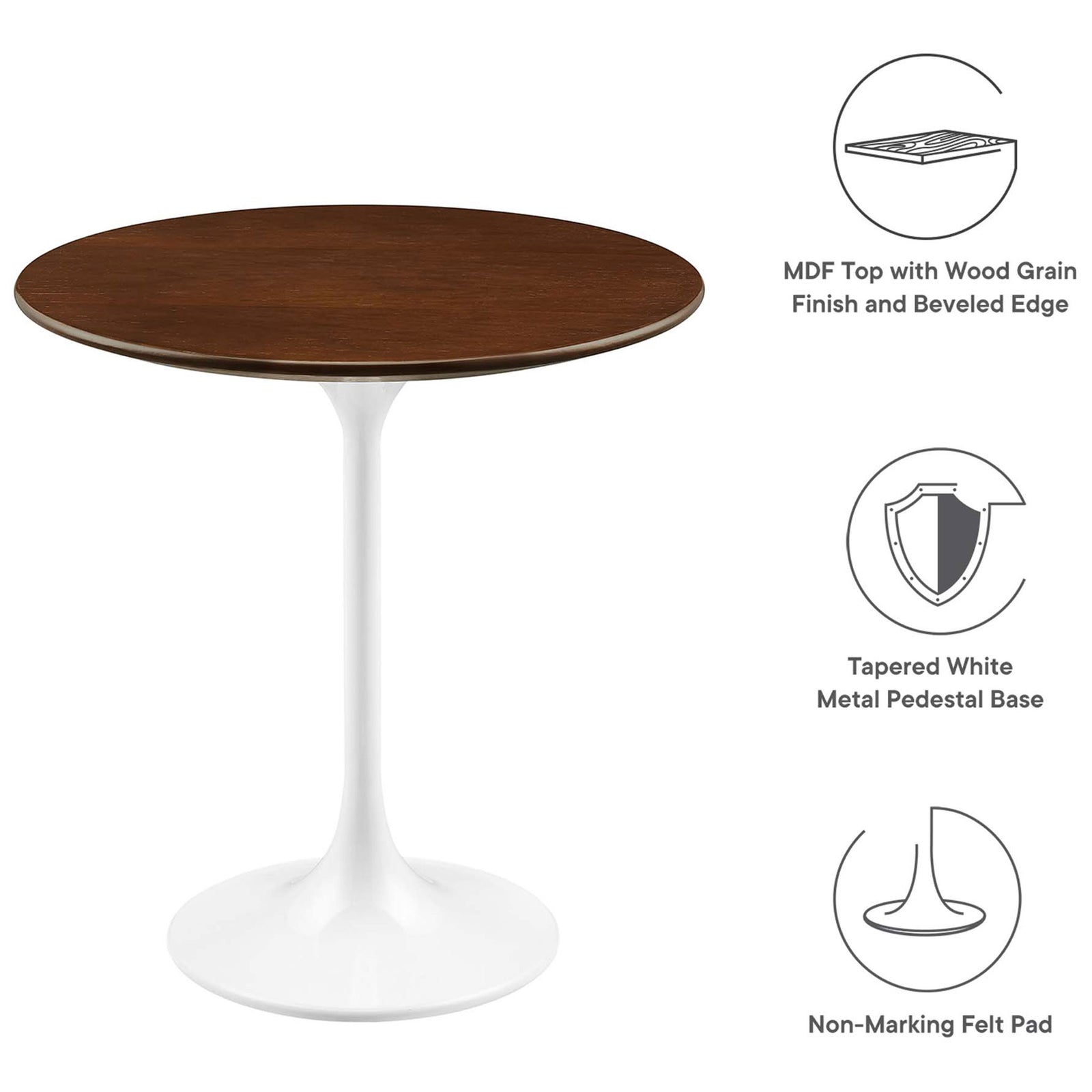 Feature callouts highlighting MDF wood grain top, white metal pedestal base, and felt floor protector || EEI-5679-WHI-WAL || callout_studio