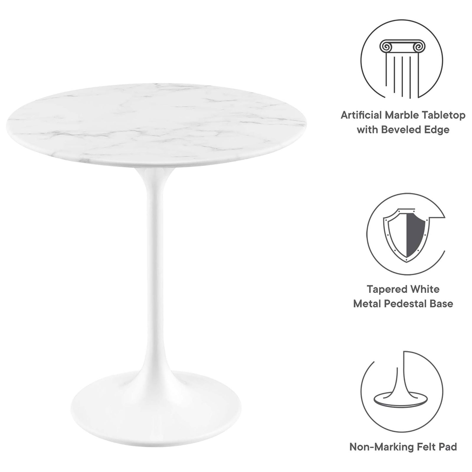 Feature callouts for Lippa side table with artificial marble top and non-marking felt pad || EEI-5680-WHI-WHI || callout_studio