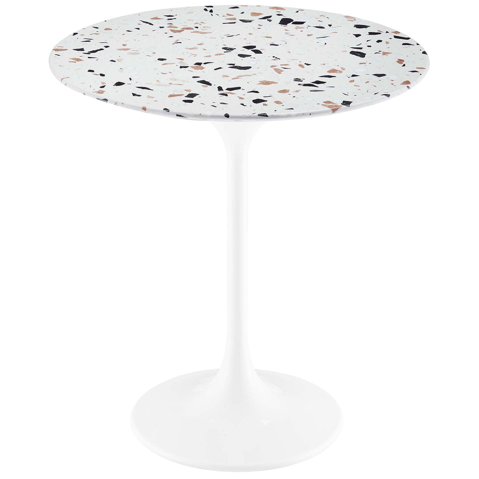 Round white terrazzo side table with sleek pedestal base and slim mid-century profile || EEI-5682-WHI-TER || front_angle_studio