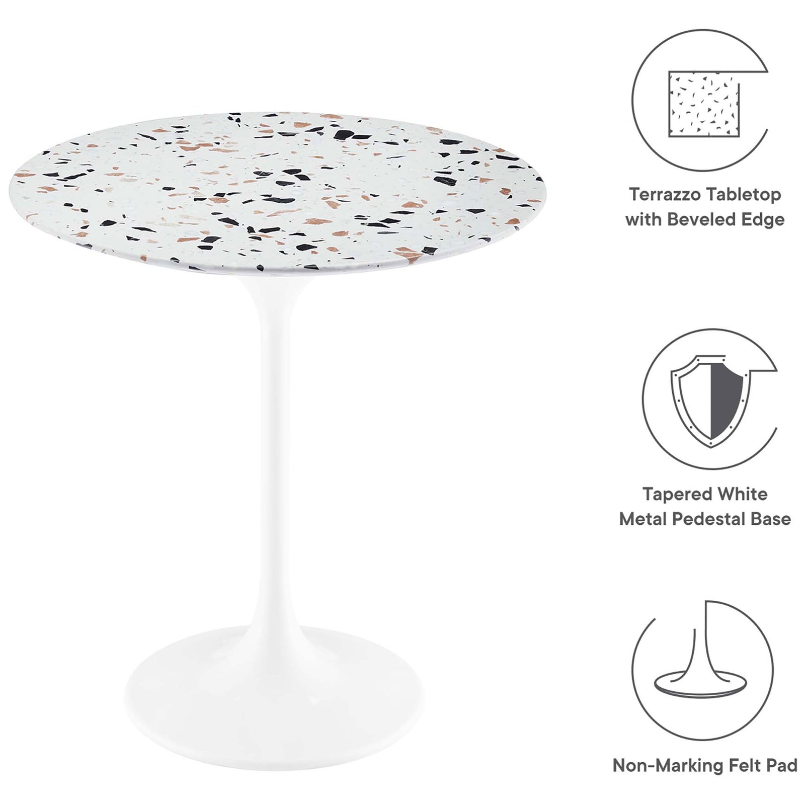 White terrazzo side table shown with icons highlighting its beveled top, tapered base, and floor-safe pad || EEI-5682-WHI-TER || callout_studio