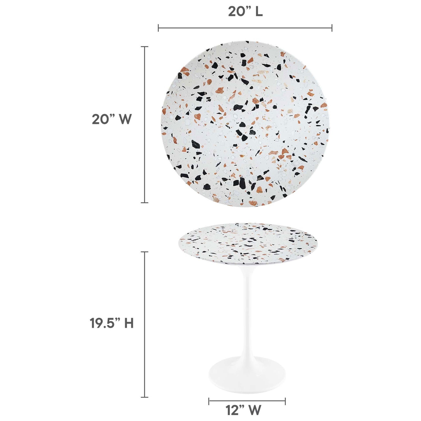 Size guide of the terrazzo side table showing 20 inch round top, 19.5 inch height, and 12 inch base width || EEI-5682-WHI-TER || dimension_studio