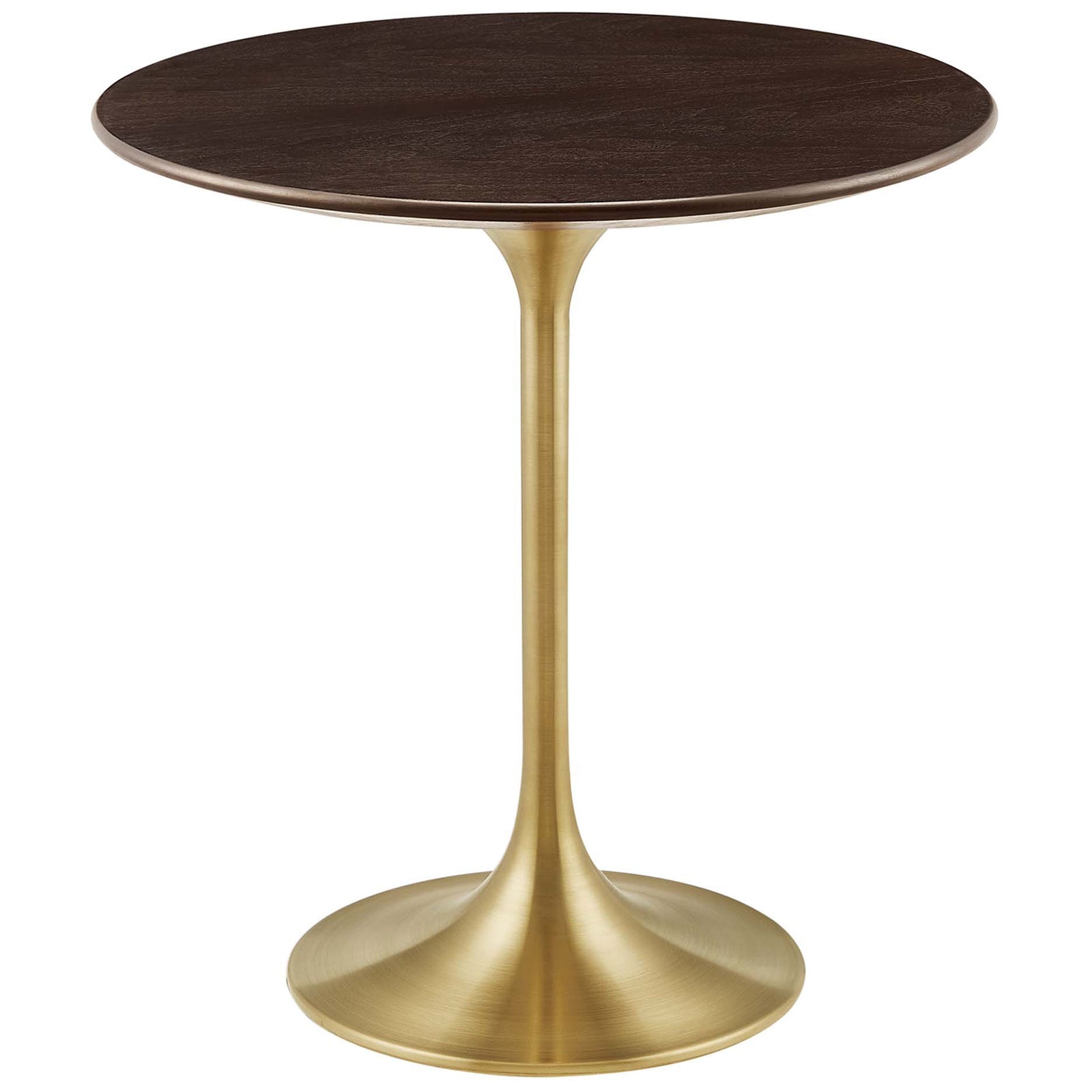 Round wood side table with rich walnut grain top and brushed gold pedestal base || EEI-5684-GLD-CHE || front_angle_studio