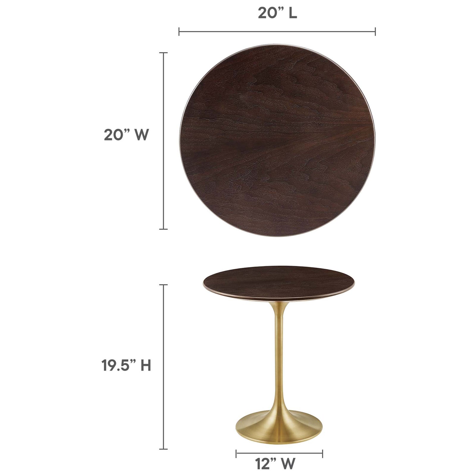 Round side table with dimension overlay showing 20 inch top and 19.5 inch height || EEI-5684-GLD-CHE || dimension_studio