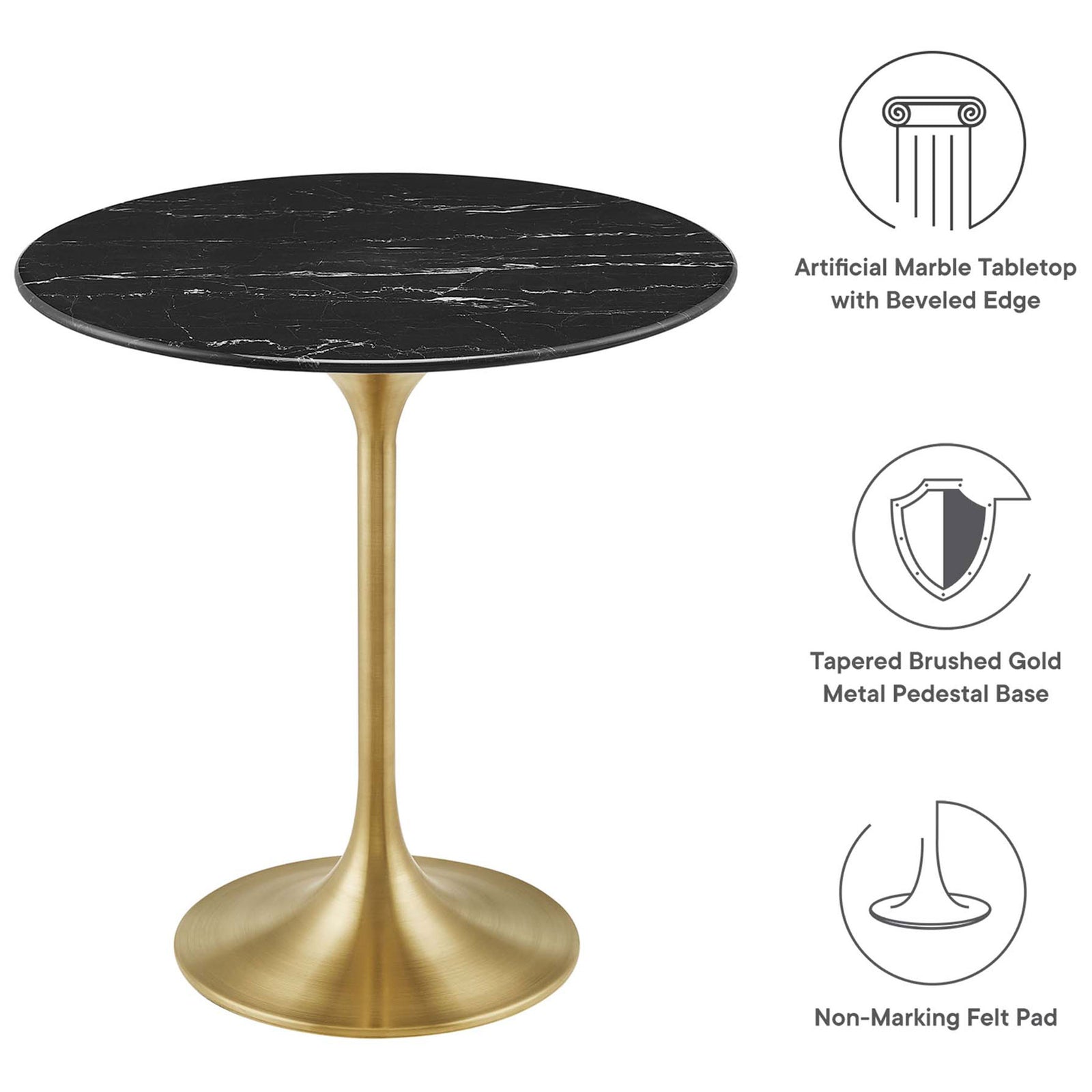 Feature highlights of black faux marble side table with brushed gold pedestal base and felt pad || EEI-5685-GLD-BLK || callout_studio