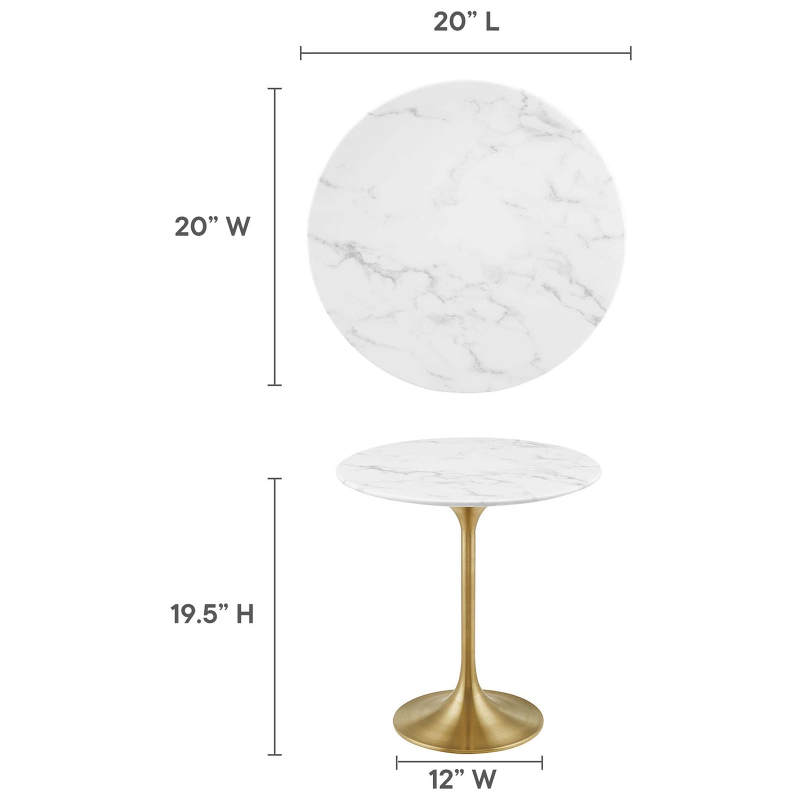 Size guide showing the Lippa round side table and tabletop with labeled height and width measurements || EEI-5685-GLD-WHI || dimension_studio