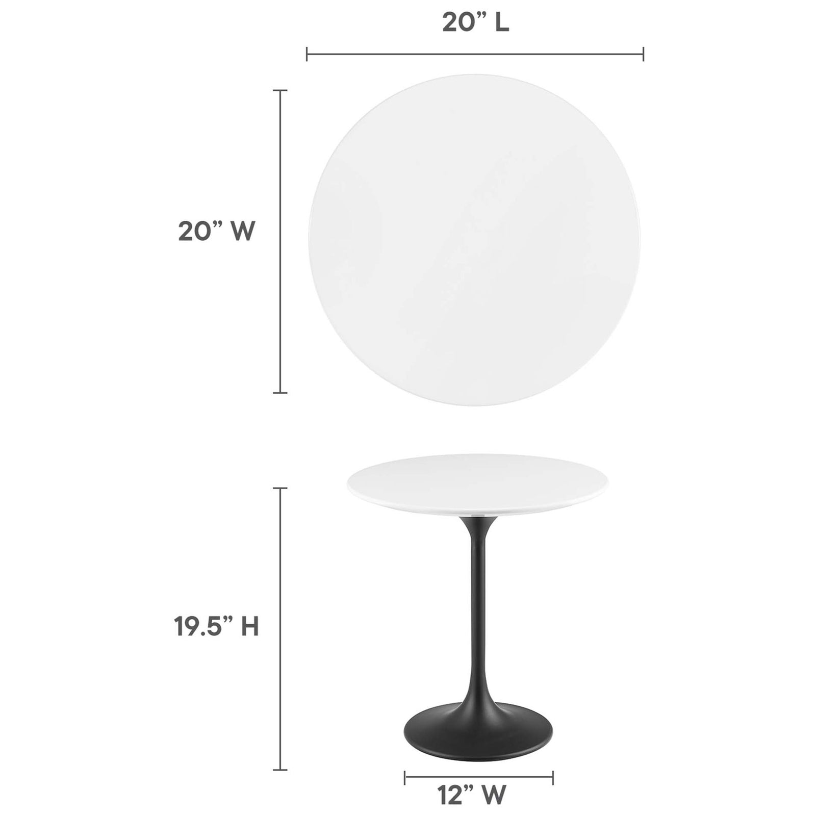 Detailed dimensions show the compact footprint and height of this round side table || EEI-5688-BLK-WHI || dimension_studio
