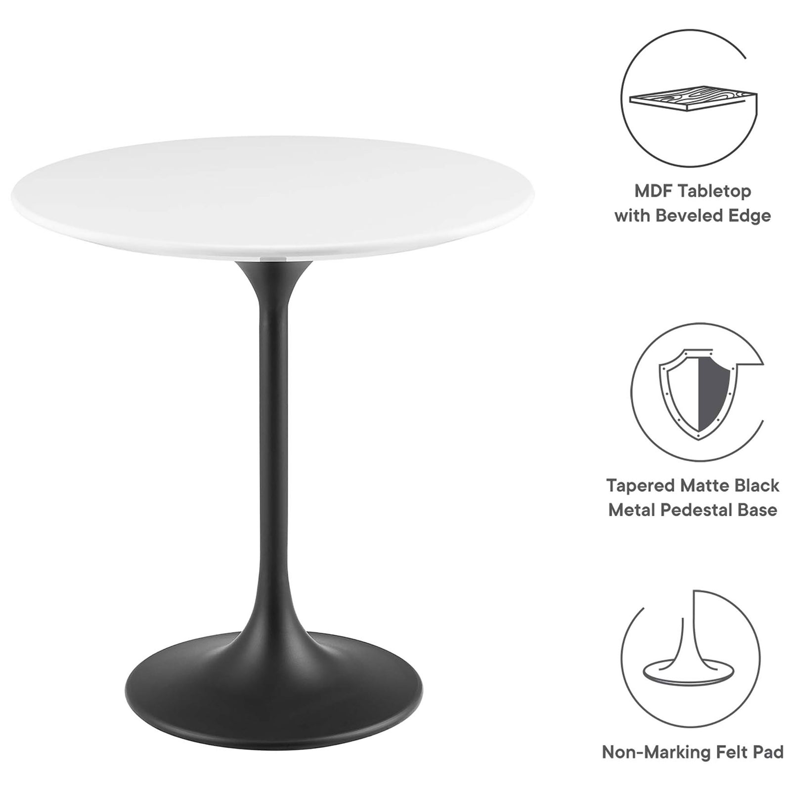 Feature callouts highlight the beveled MDF top, pedestal base, and non-marking felt pad || EEI-5688-BLK-WHI || callout_studio