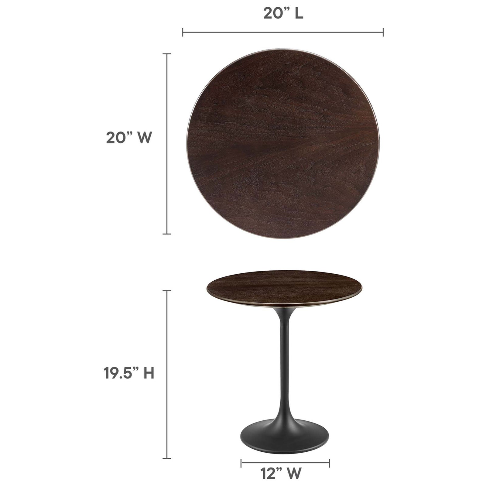 Compact round side table with clear 20 inch top and 19.5 inch height dimensions || EEI-5689-BLK-CHE || dimension_studio