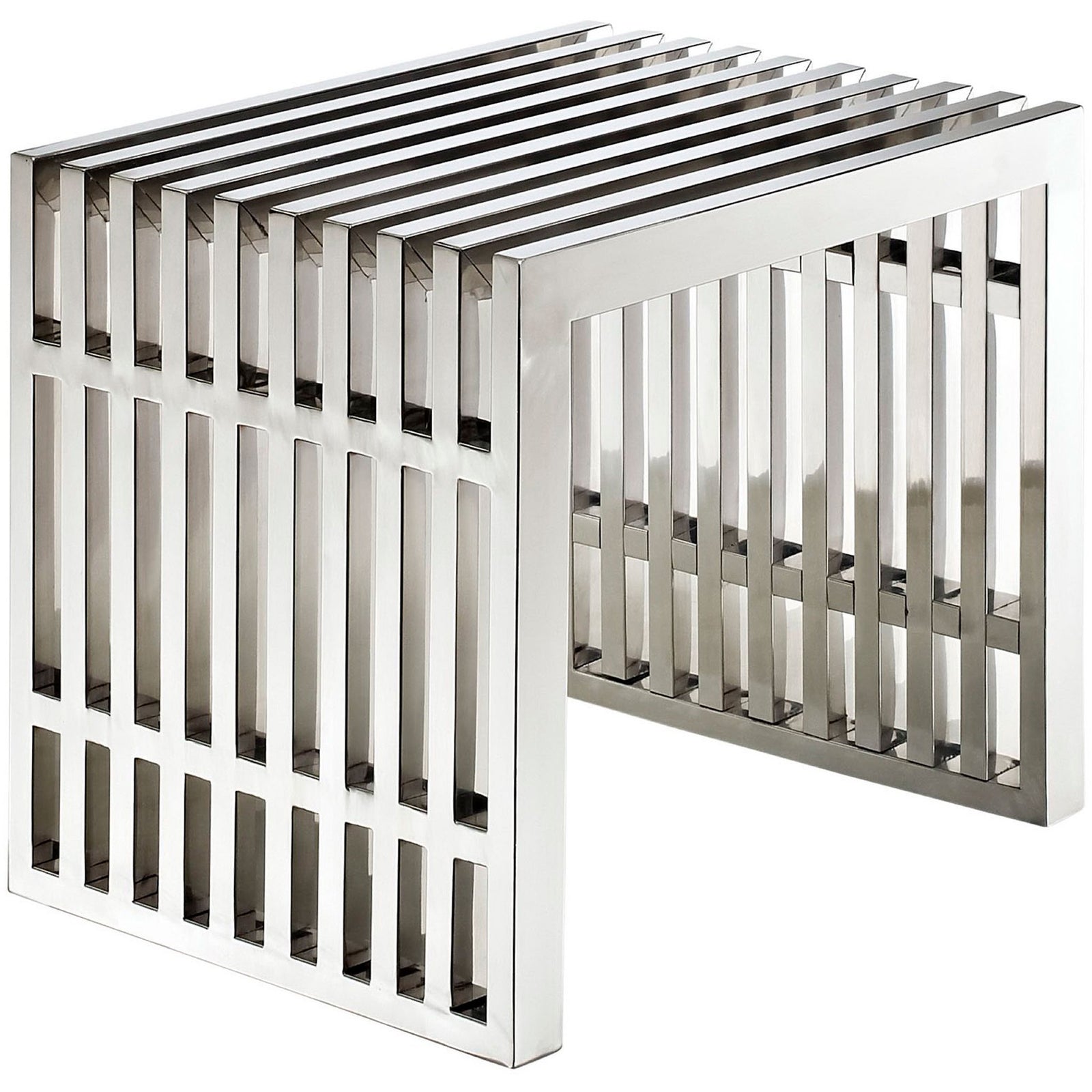 Polished stainless steel bench with open slat design and crisp, modern lines || EEI-569-SLV || front_angle_studio
