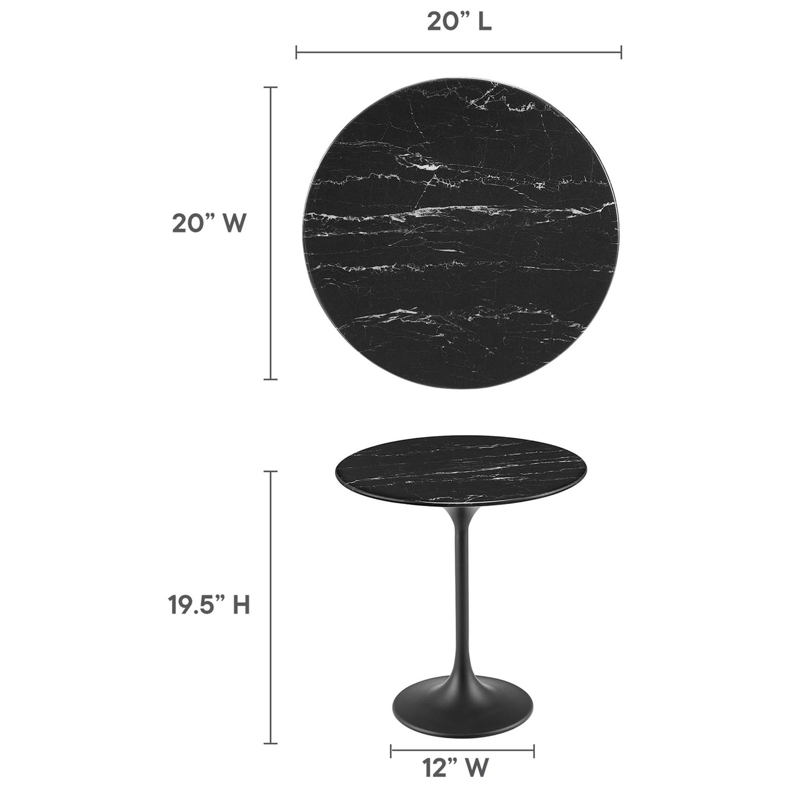 Size guide for Lippa black faux marble side table with 20 inch top and 19.5 inch height || EEI-5690-BLK-BLK || dimension_studio