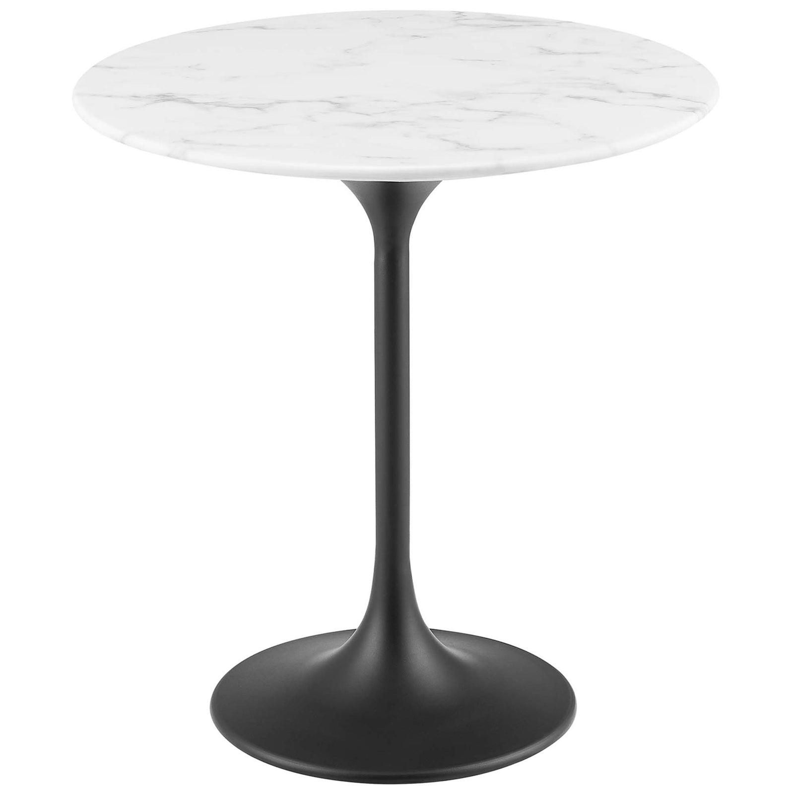 Mid century round white faux marble side table with sleek black pedestal base || EEI-5690-BLK-WHI || front_angle_studio