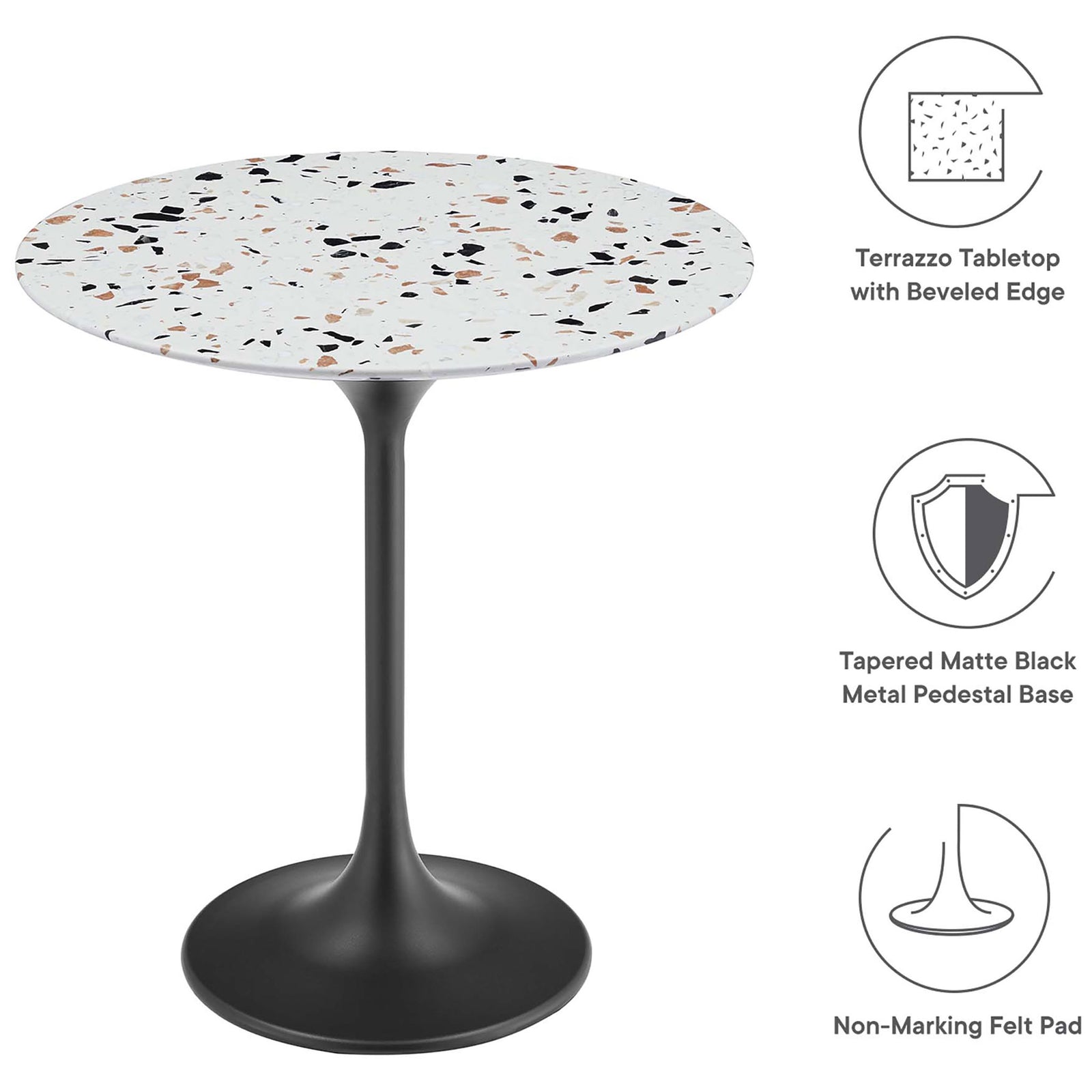 Terrazzo side table with black pedestal base and feature icons for beveled edge and floor protection || EEI-5692-BLK-TER || callout_studio