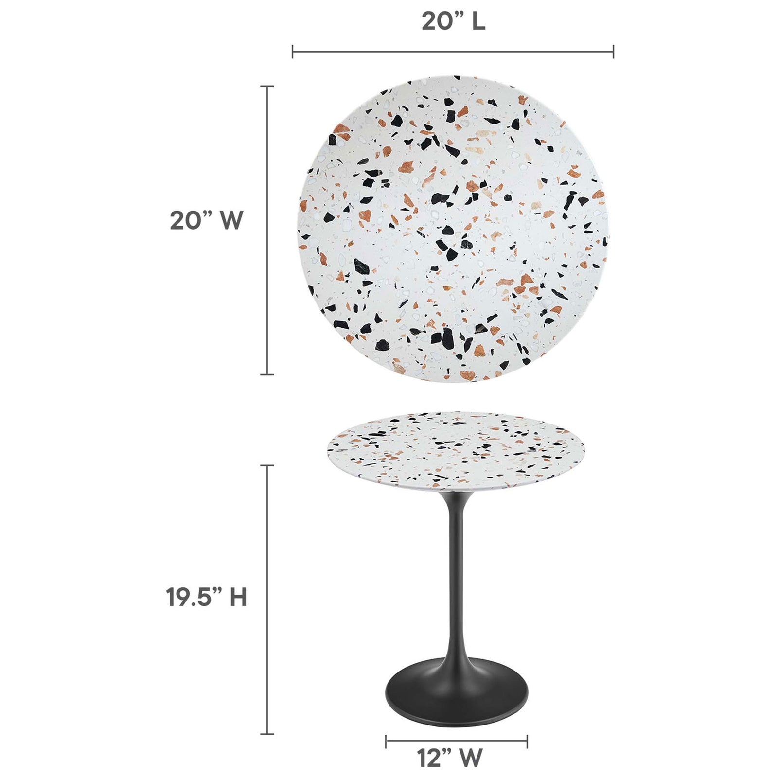 Terrazzo side table diagram showing 20 inch round top, 19.5 inch height, and 12 inch base || EEI-5692-BLK-TER || dimension_studio
