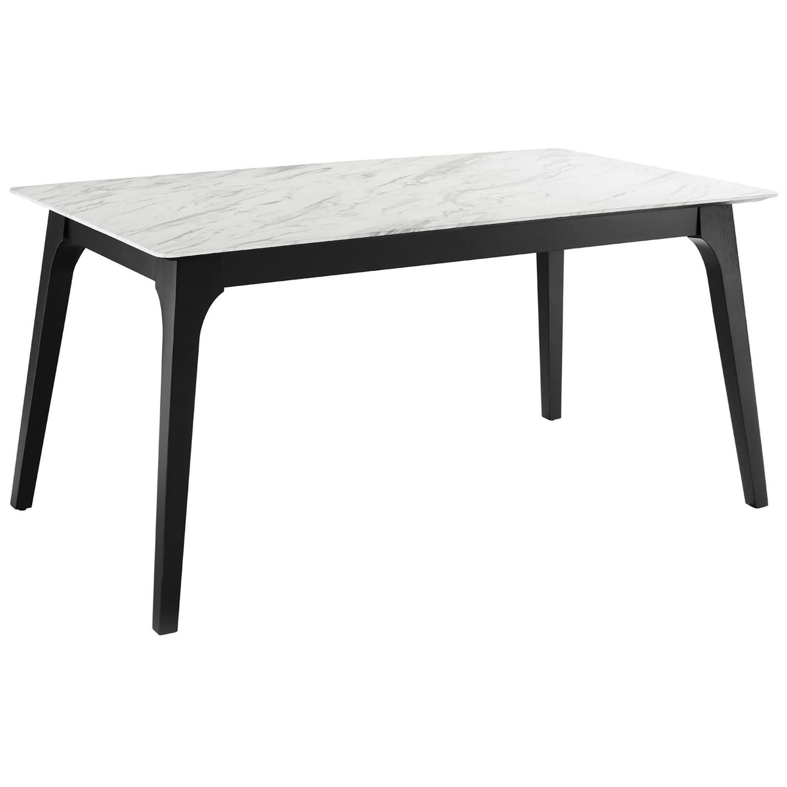 Black dining table with white marble-look top and tapered legs for a sleek modern dining space || EEI-5693-BLK-WHI || front_angle_studio