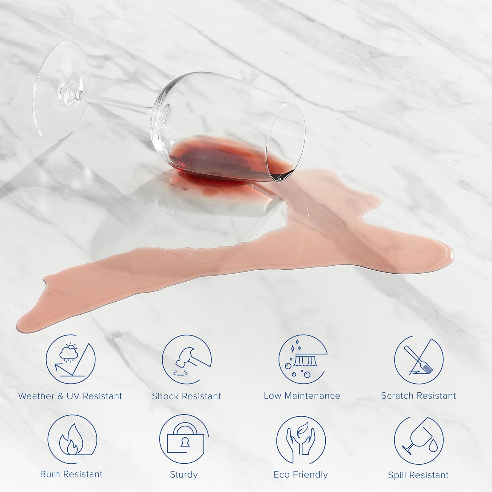 Marble tabletop demonstrating spill resistant surface with durable easy clean finish || EEI-5693-BLK-WHI || callout_studio