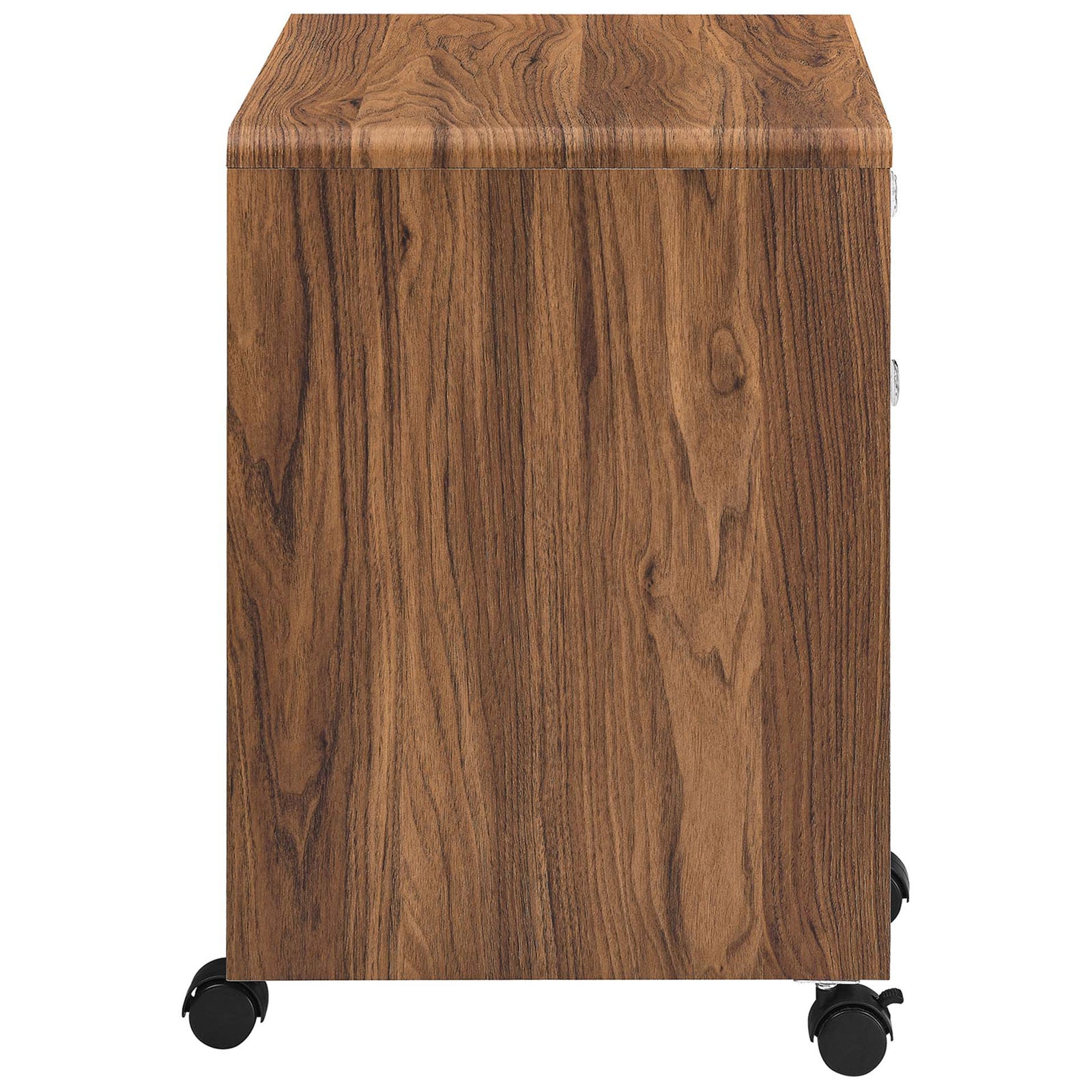 Warm walnut wood grain cabinet side panel showcasing continuous wraparound finish on a mobile file unit || EEI-5705-WAL-WHI || side_studio