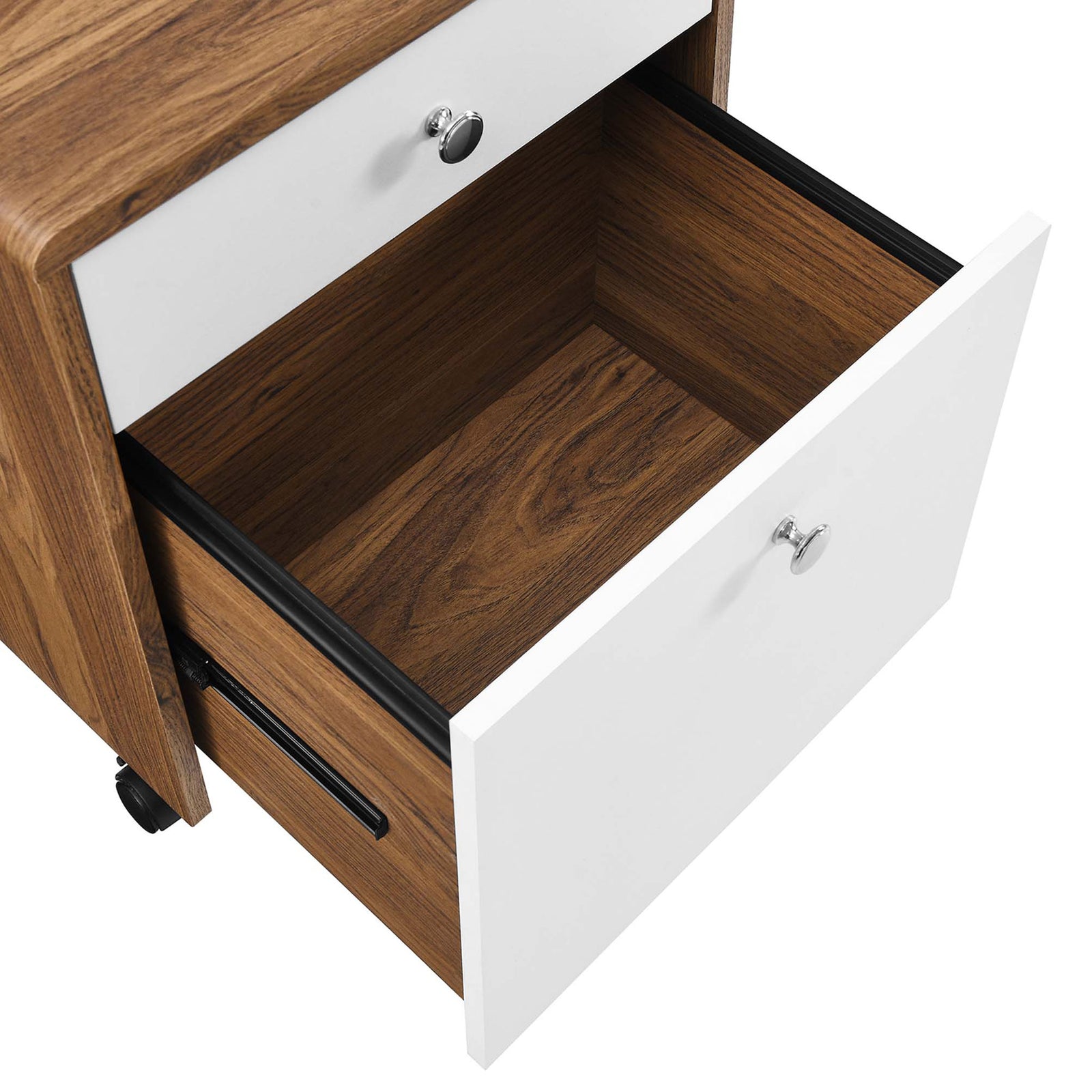 Deep lower drawer with hanging file frame open for easy access to organized documents and folders || EEI-5705-WAL-WHI || storage_open_studio