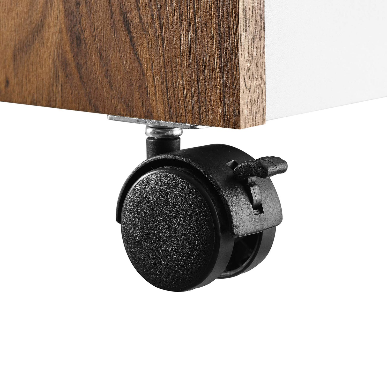 Locking plastic caster at cabinet base for easy mobility and stable positioning in your workspace || EEI-5705-WAL-WHI || detail_studio